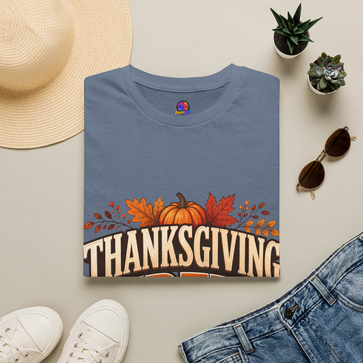 Thanksgiving T-Shirt Crew T-Shirt— Festive Pumpkin & Fall Leaves Holiday Tee