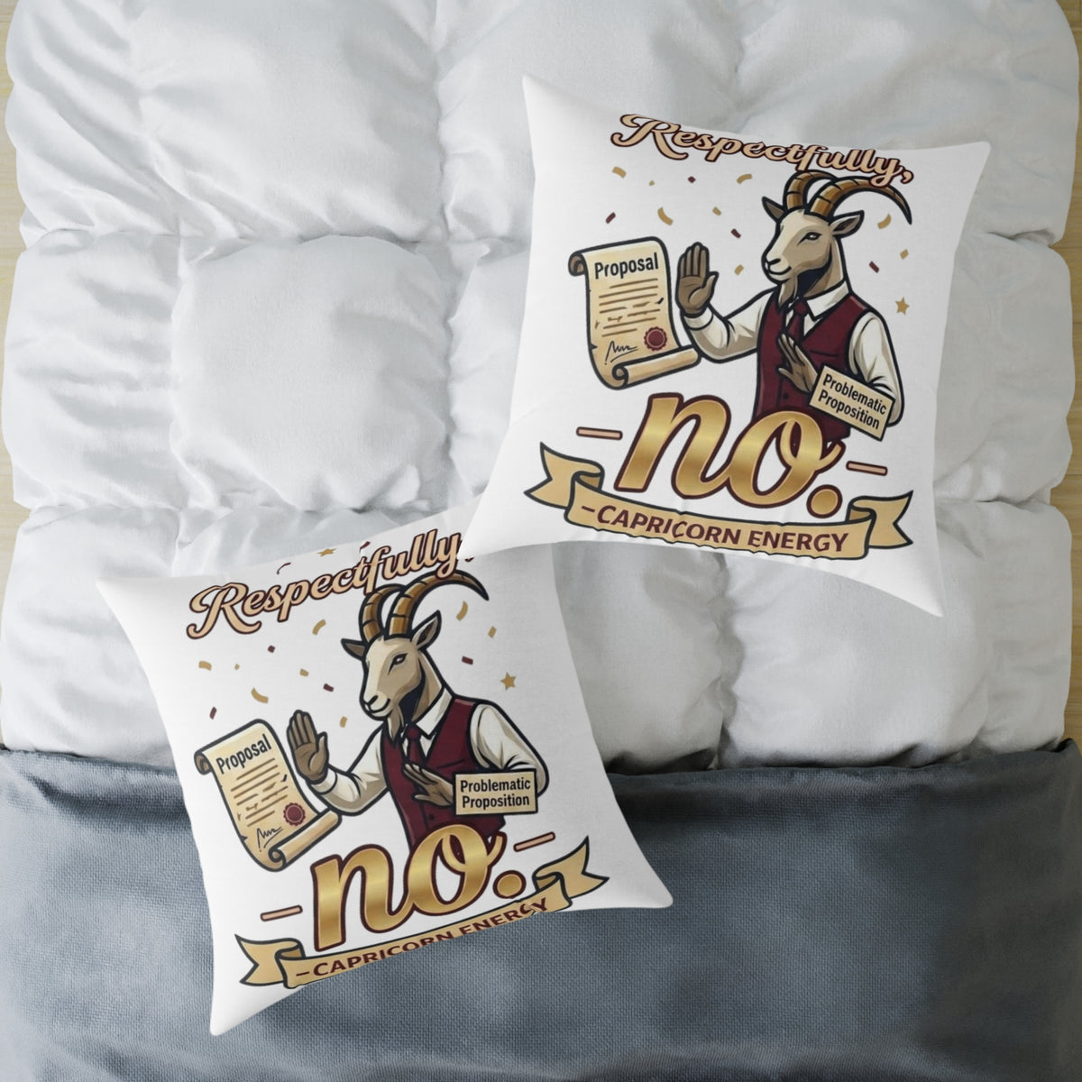 Capricorn Pillow — 'Respectfully, No.' Goat Protest Funny Decorative Throw Pillow