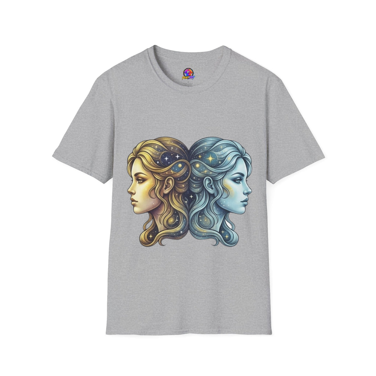 Zodiac Gemini Sun & Moon T-Shirt — Dual Faces Cosmic Design