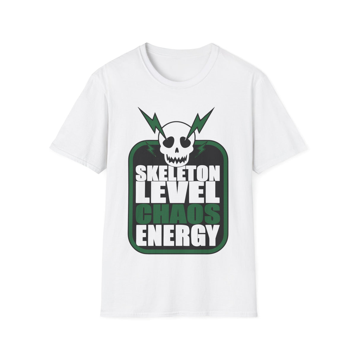 Skeleton Level Chaos Energy Green Badge T-Shirt - Edgy Alt Streetwear Graphic Tee - Trending Now - September 2026