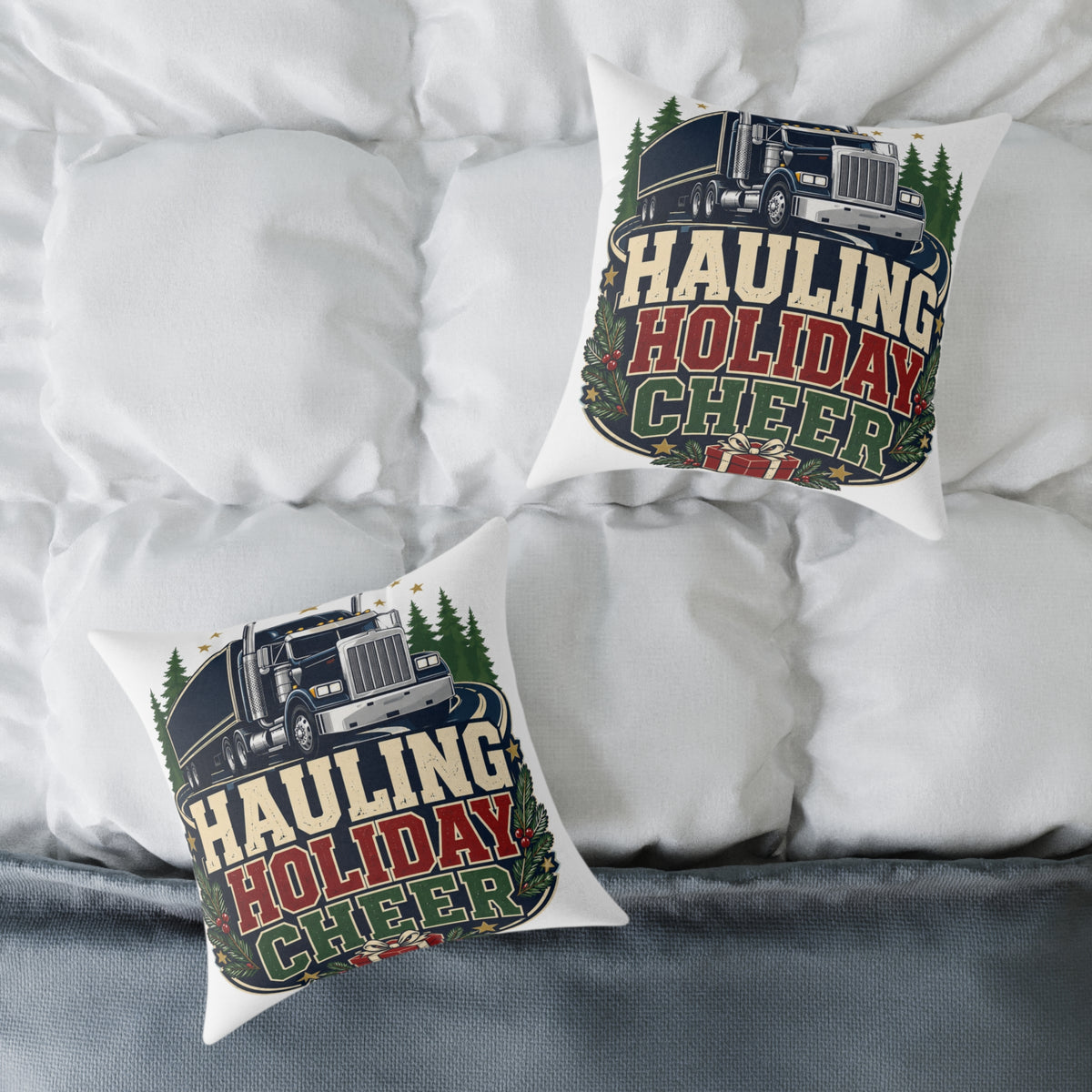 Hauling Holiday Cheer Modern Day Christmas Square Poly Canvas Pillow