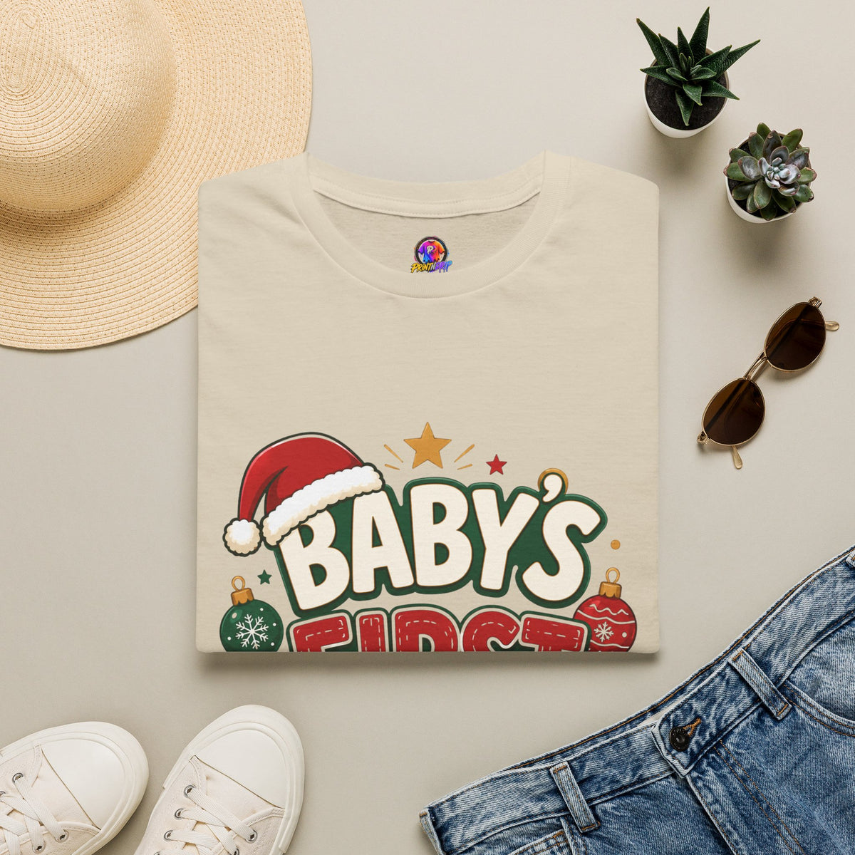 Baby's First Christmas T-Shirt — Festive Santa Hat & Ornaments Holiday Tee