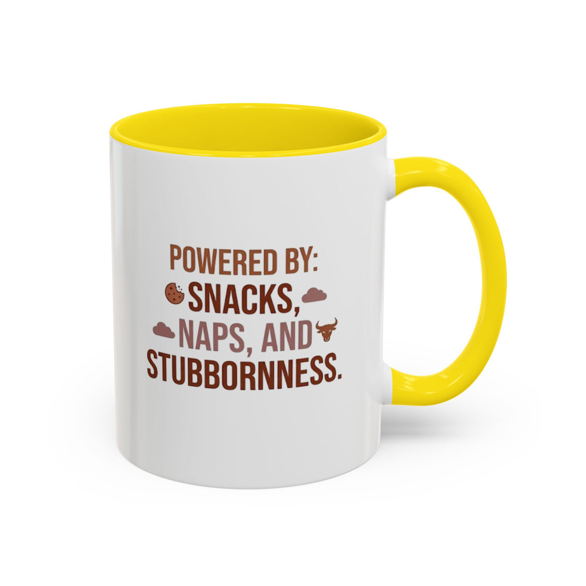 Taurus Coffee Mug - "Powered by Snacks, Naps, and Stubbornness" Accent Ceramic Mug
