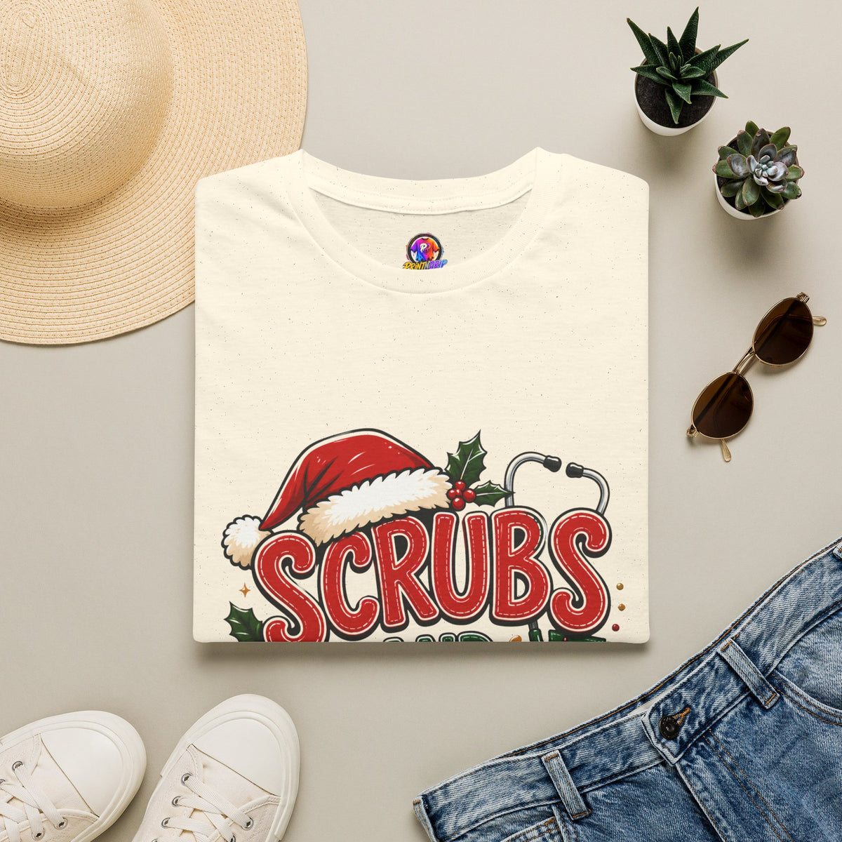 Scrubs and Santa Christmas Tee — Funny Nurse Holiday T-Shirt