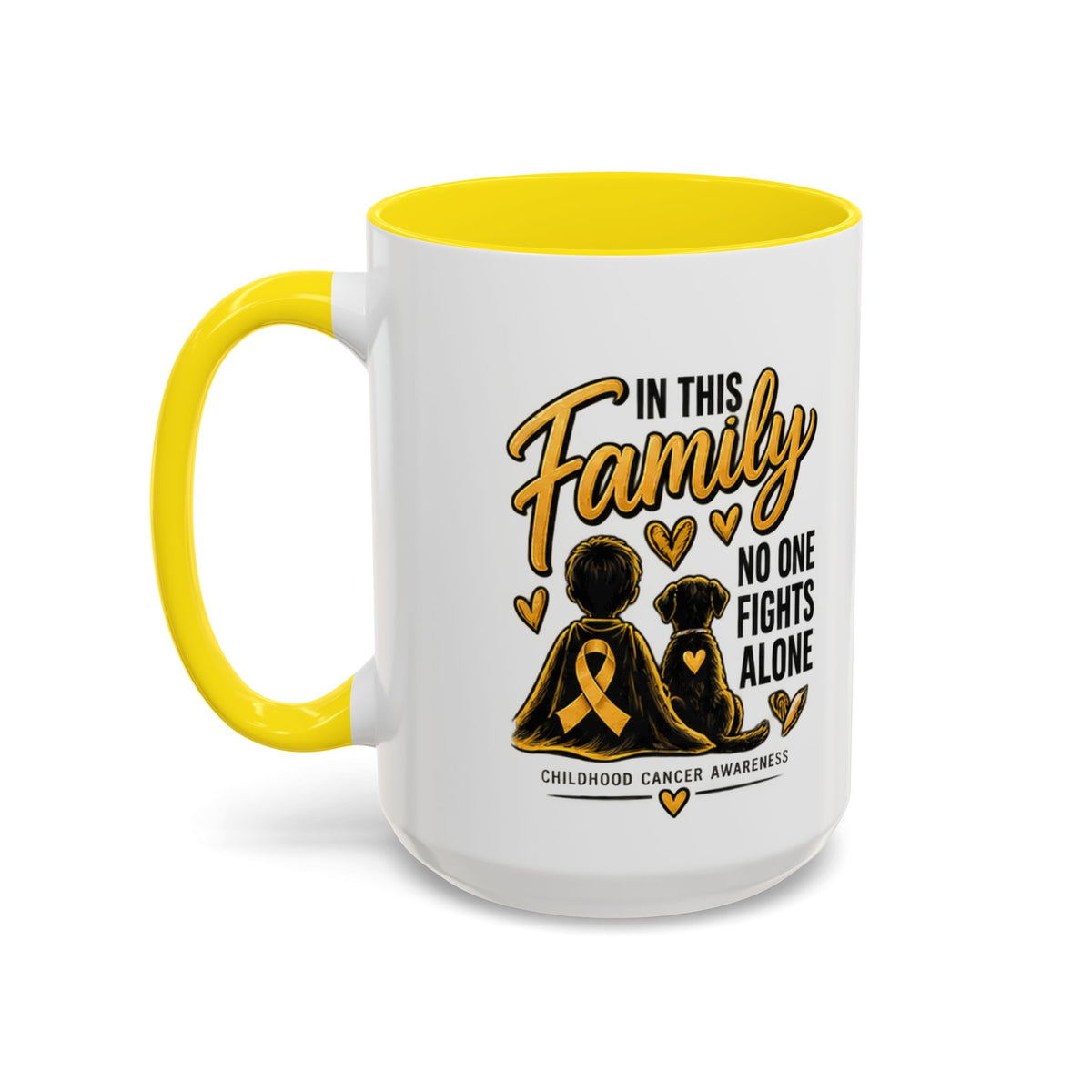 Childhood Cancer Awareness Coffee Mug — "In This Family No One Fights Alone"