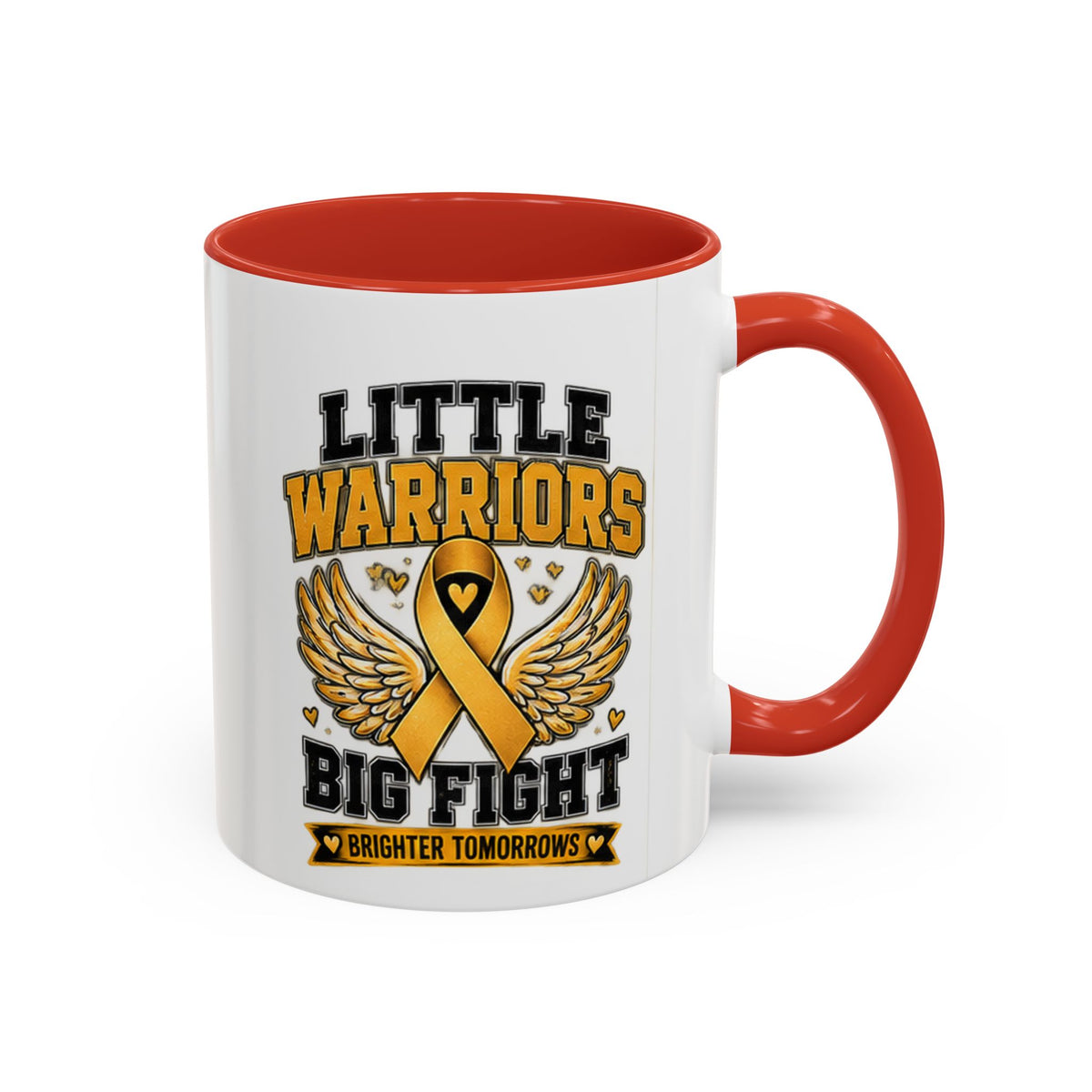 Little Warriors Big Fight Childhood Cancer Awareness Coffee Mug — Gold Ribbon Support Accent Mug