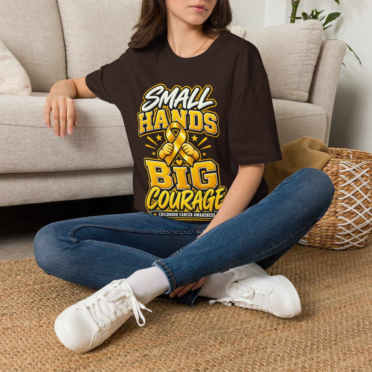 Children's Cancer Awareness T-Shirt — "Small Hands Big Courage" Yellow Ribbon