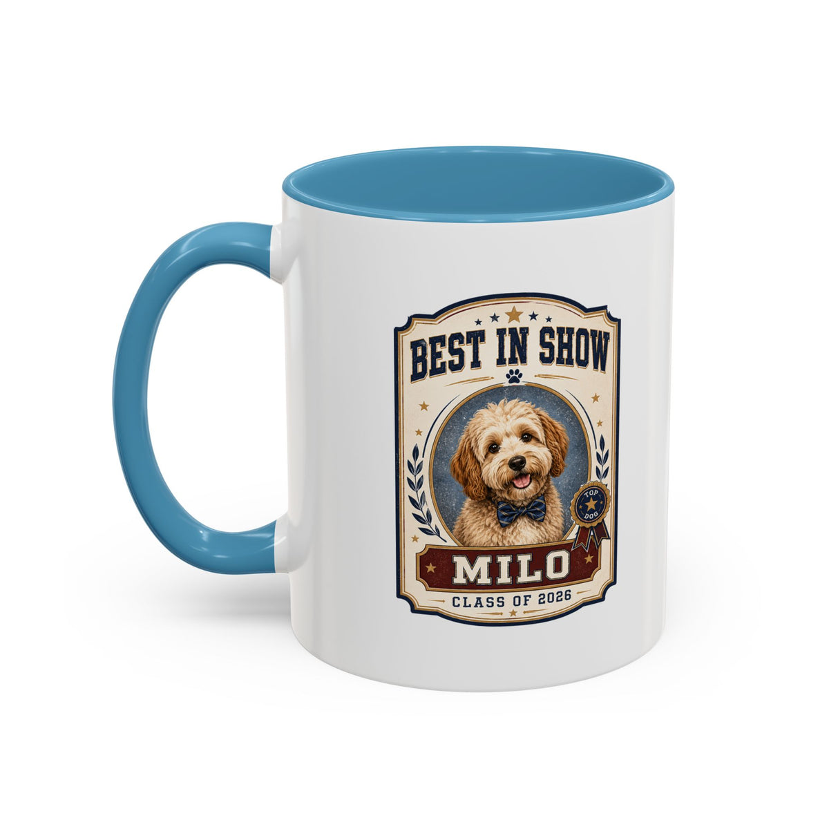 Milo Bailey Dog Dad Mom Best in Show Personalized Dog Mug — "Milo" Class of 2028 Accent Coffee Mug
