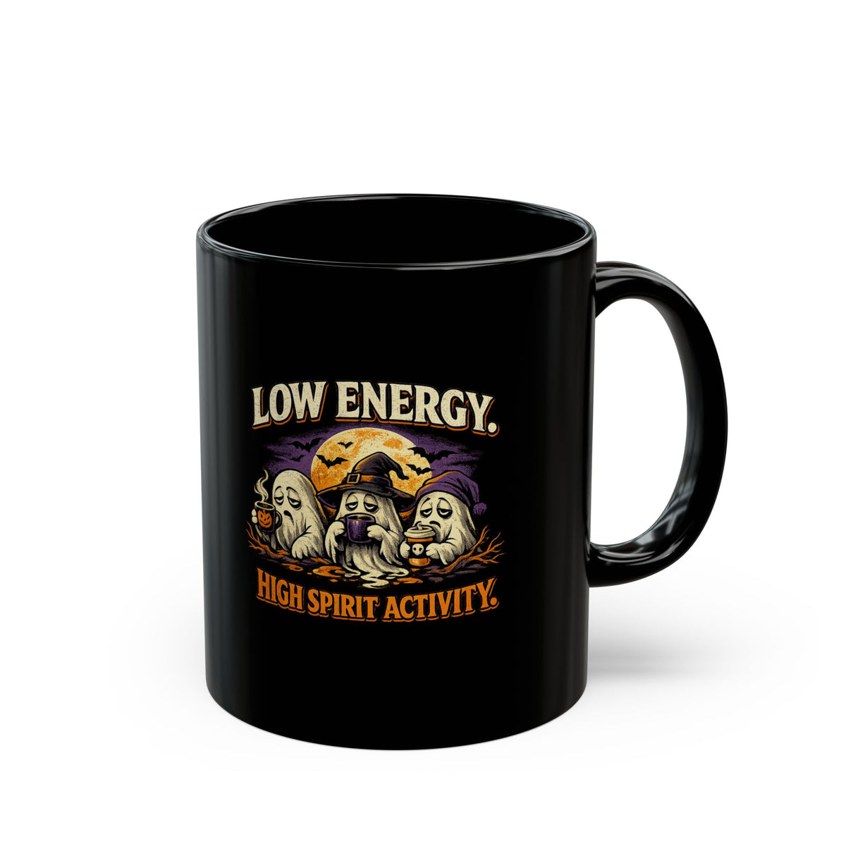 Halloween Low Energy, High Spirit Activity Black Mug — Halloween Ghosts Coffee Cup