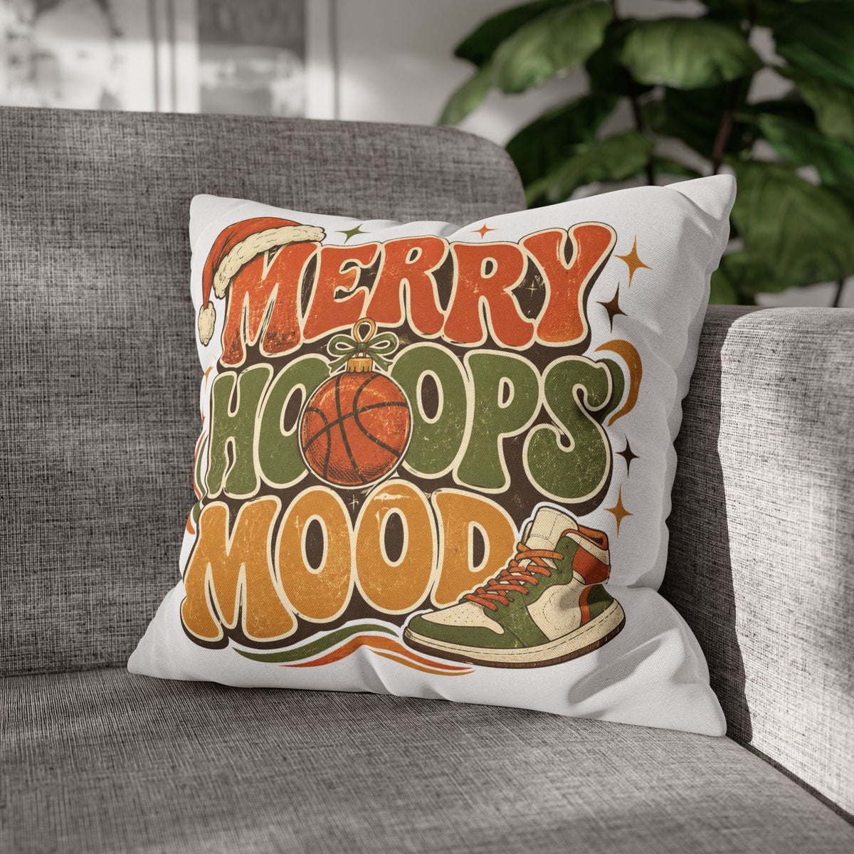 Merry Hoops Mood Holiday Pillowcase Modern Day Christmas  — Basketball Christmas Decorative Throw Pillowcase