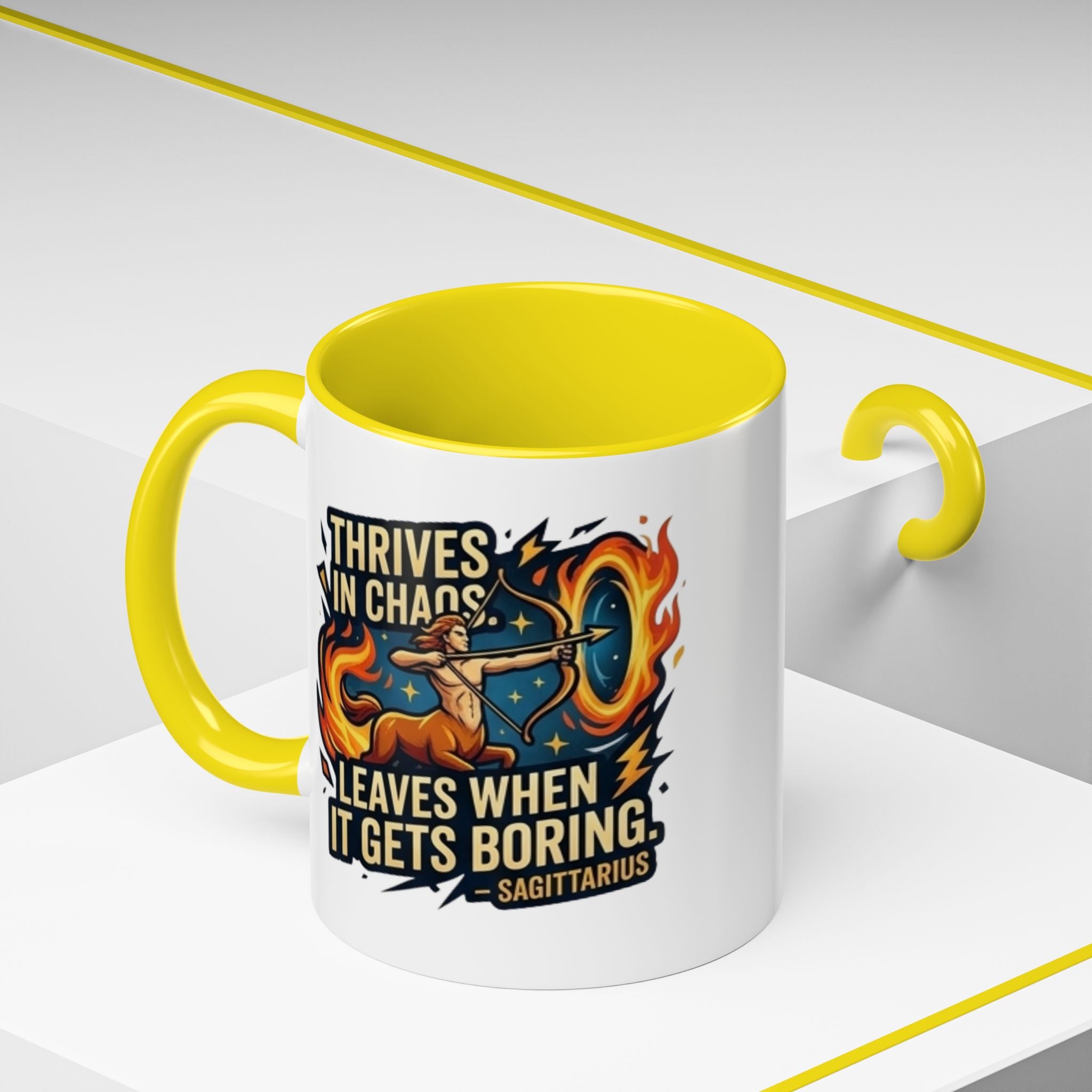 Sagittarius Coffee Mug – "Thrives in Chaos, Leaves When It Gets Boring" Accent Mug