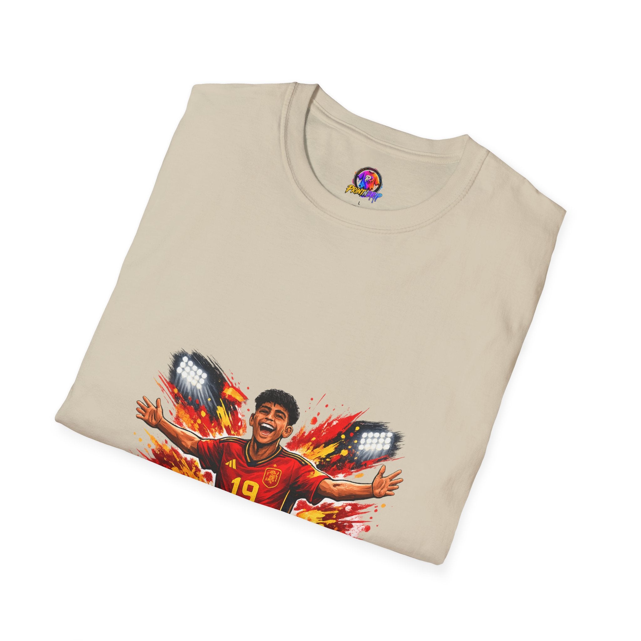 Spain Soccer Fan Portrait T‑Shirt – Fiery Goal Celebration Design