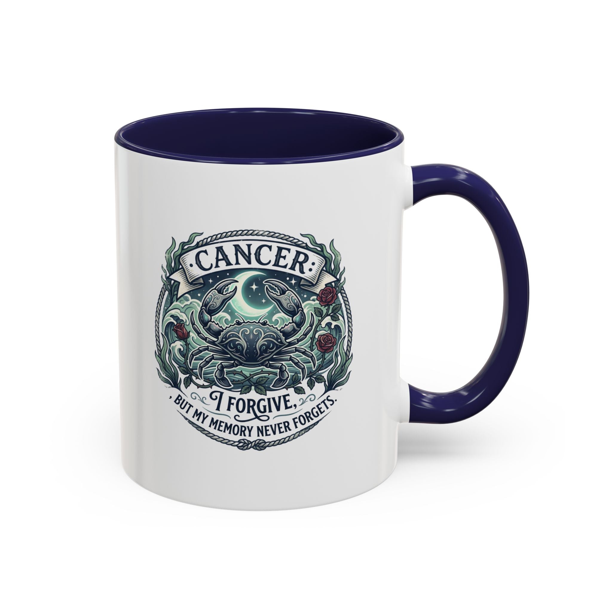 Cancer Zodiac Accent Coffee Mug — 'I Forgive But My Memory Never Forgets' Horoscope Gift