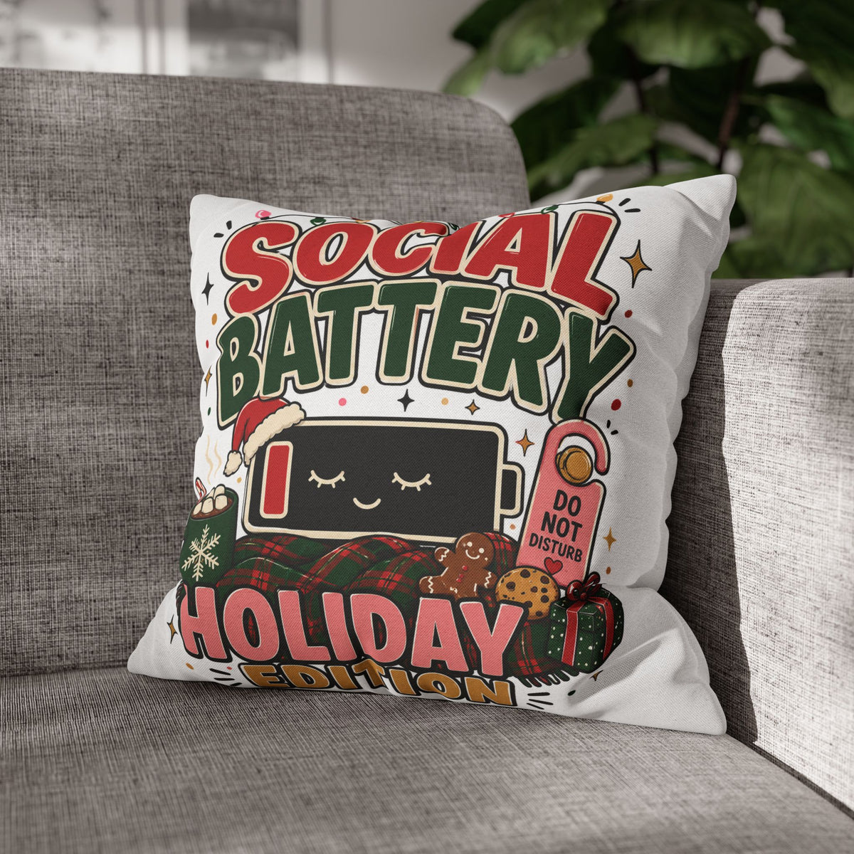 Social Battery Holiday Pillowcase  Modern Day Christmas — Cute Rechargeable Battery Christmas Throw Pillow Cover