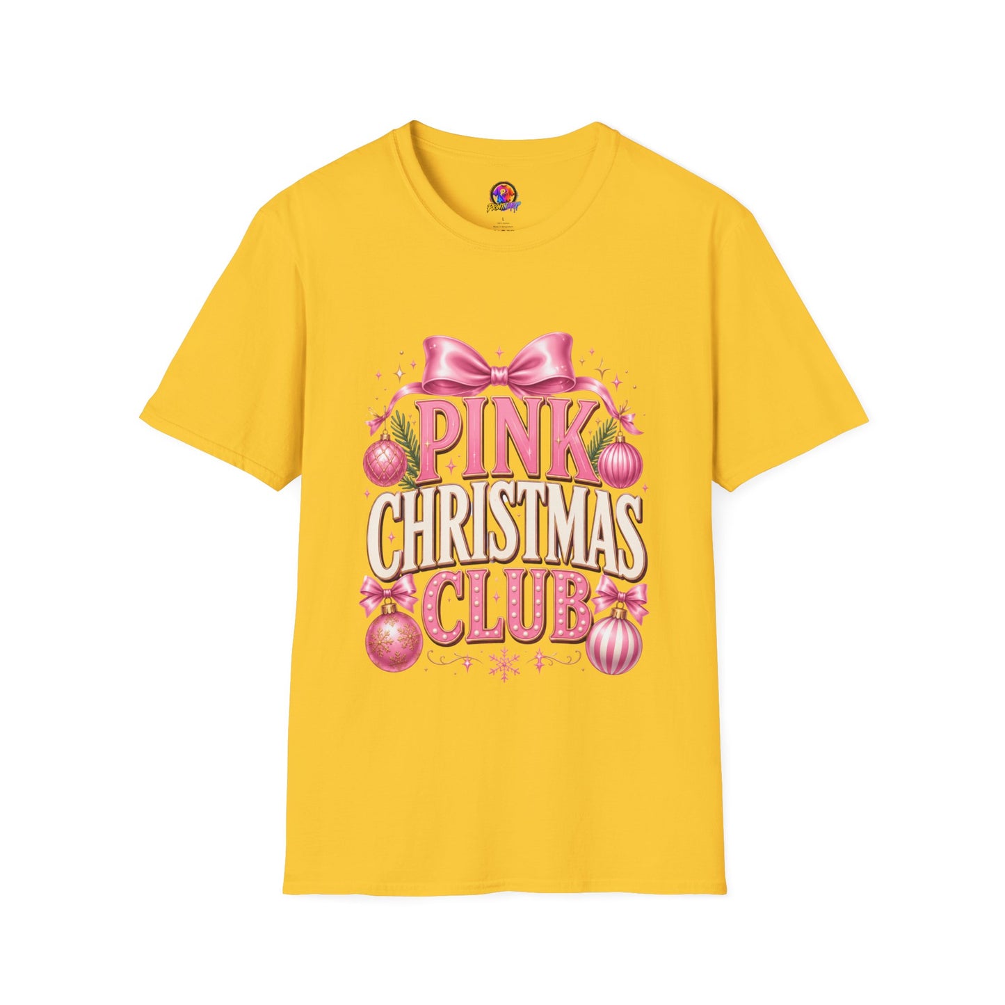 Pink Christmas Club T-Shirt — Womens Festive Holiday Tee with Bow & Ornaments