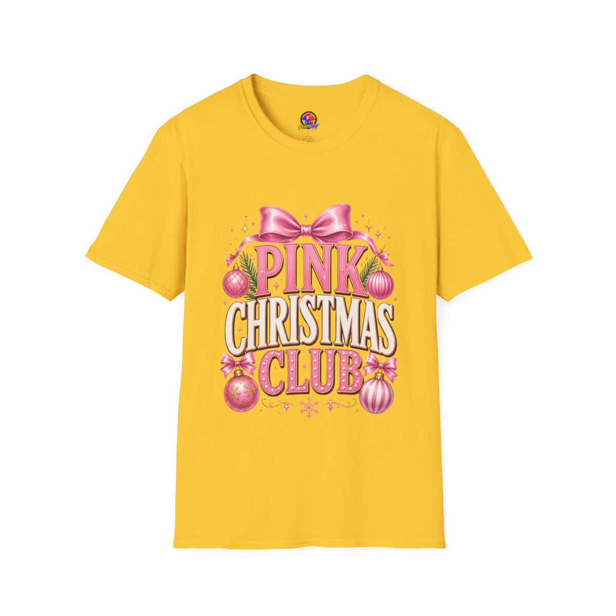 Pink Christmas Club T-Shirt — Womens Festive Holiday Tee with Bow & Ornaments