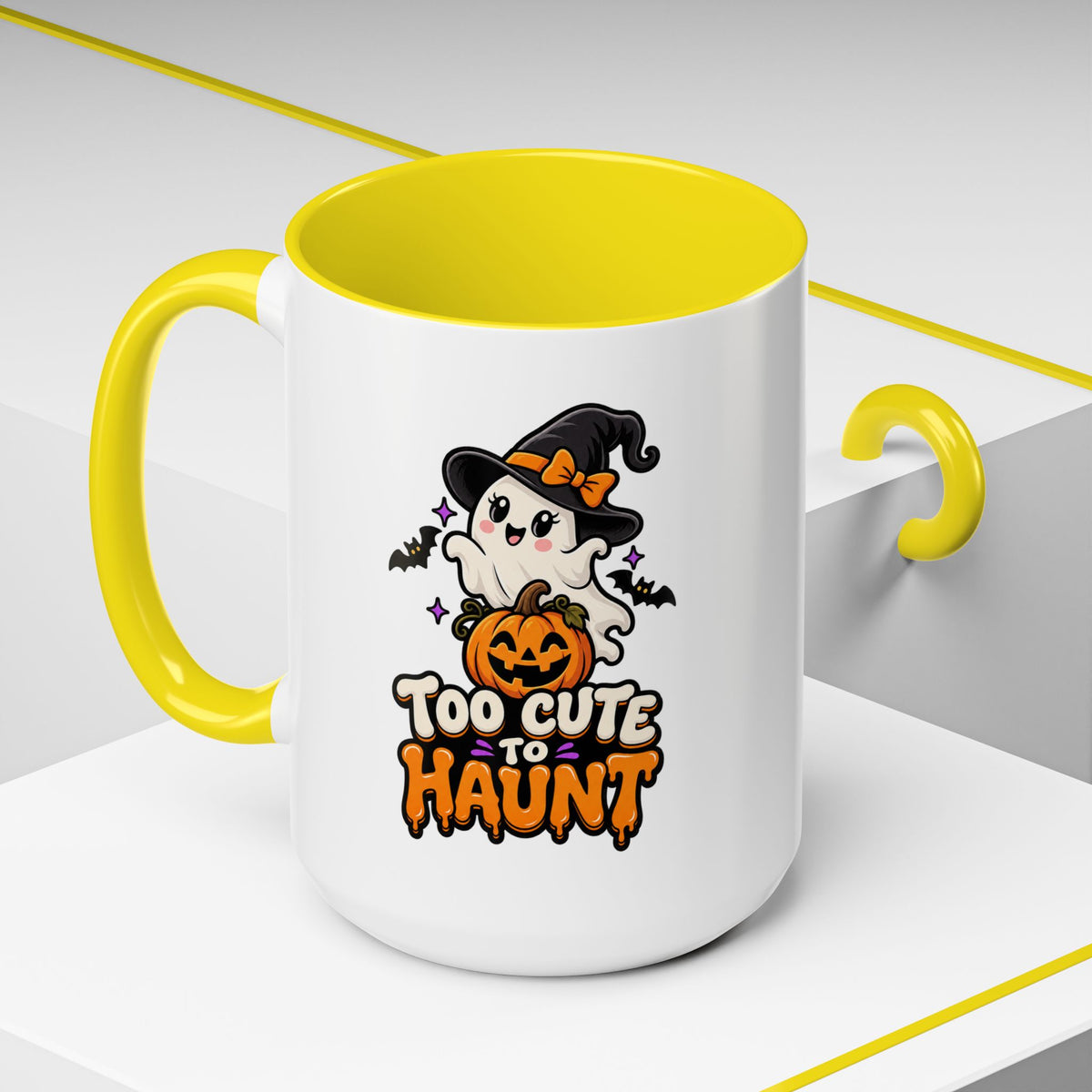 Halloween Coffee Mug - 'Too Cute to Haunt' Ghost Pumpkin Accent Mug