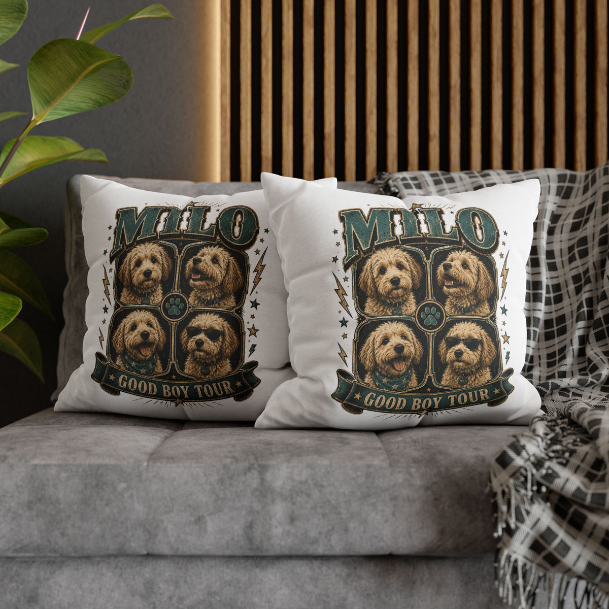 Milo "Good Boy Tour" Decorative Pillowcase — Dog Band Tour Poster Throw Pillowcase Milo Bailey Dog Dad Mom