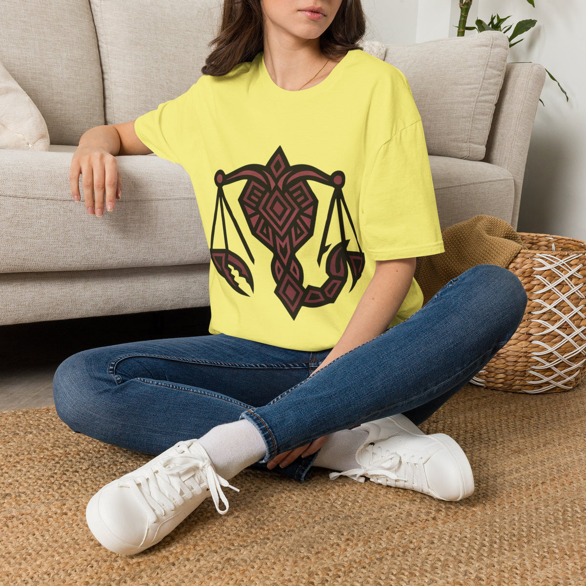 Libra Scales Graphic T‑Shirt — Tribal Zodiac Balance Design
