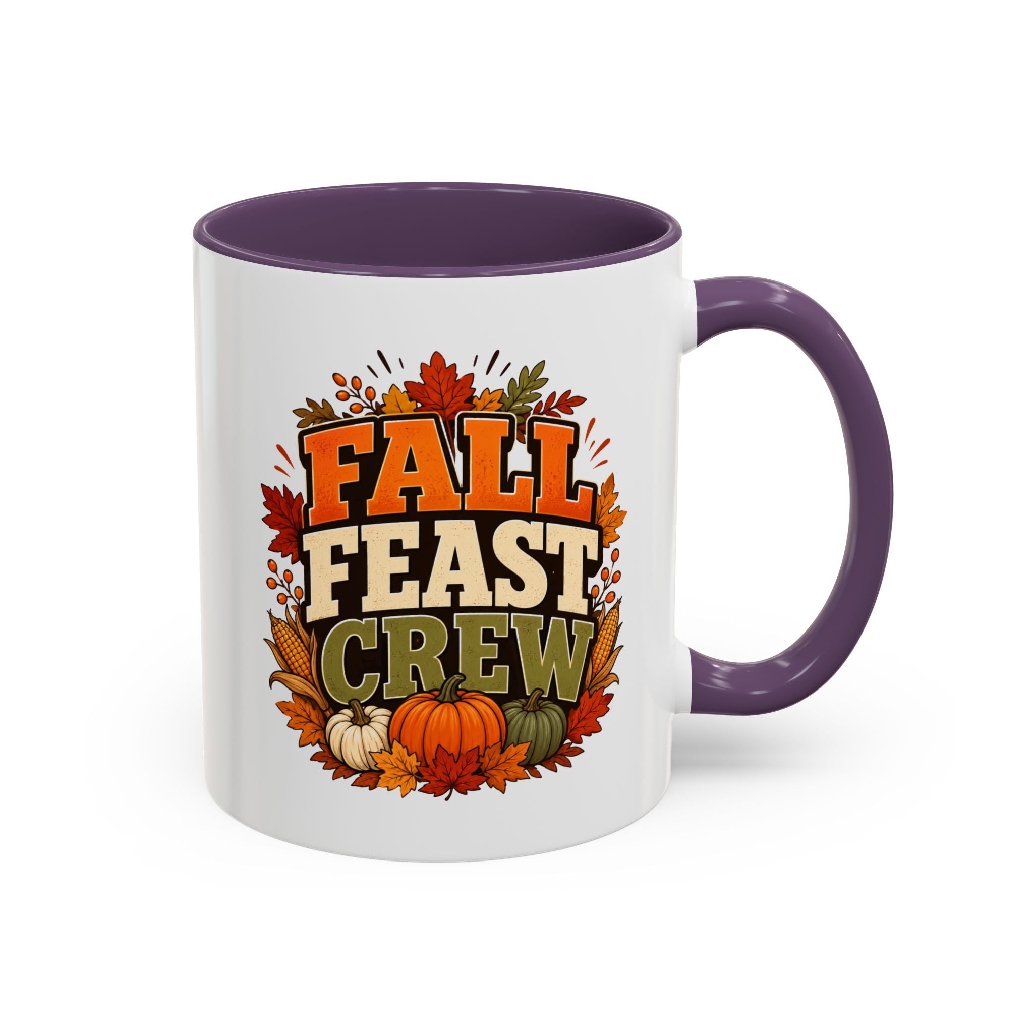 Thanksgiving Mug Fall Feast Crew Coffee Mug — Thanksgiving Pumpkin Autumn Leaves Accent Mug