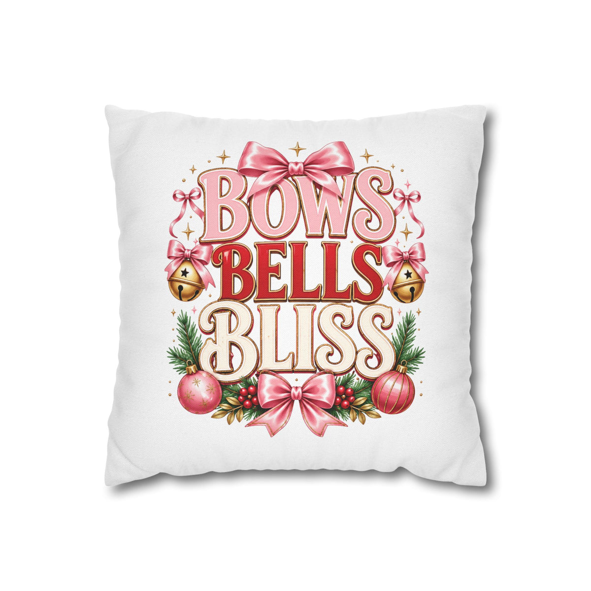Christmas Bows Bells Bliss Decorative Pillowcase — Pink Christmas Holiday Throw Pillow Cover