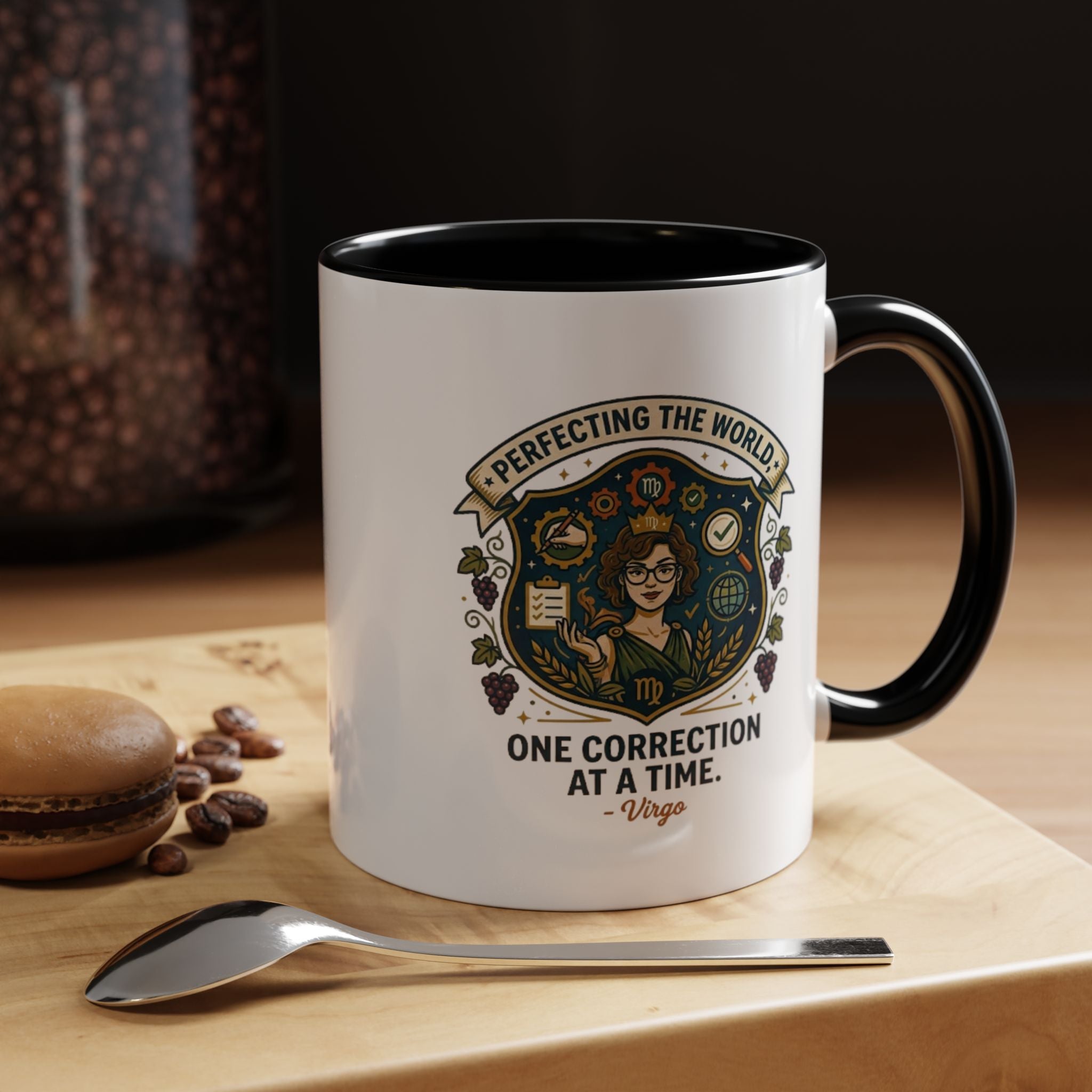 Virgo Coffee Mug — "Perfecting the World: One Correction at a Time" Accent Astrology Gift