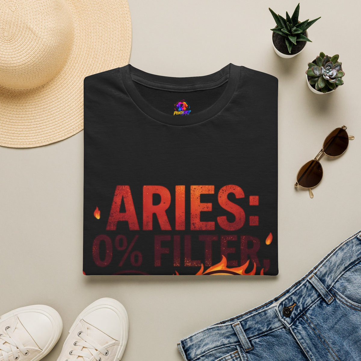 Aries T-Shirt — "Aries: 0% Filter, 100% Fire" Bold Zodiac Tee