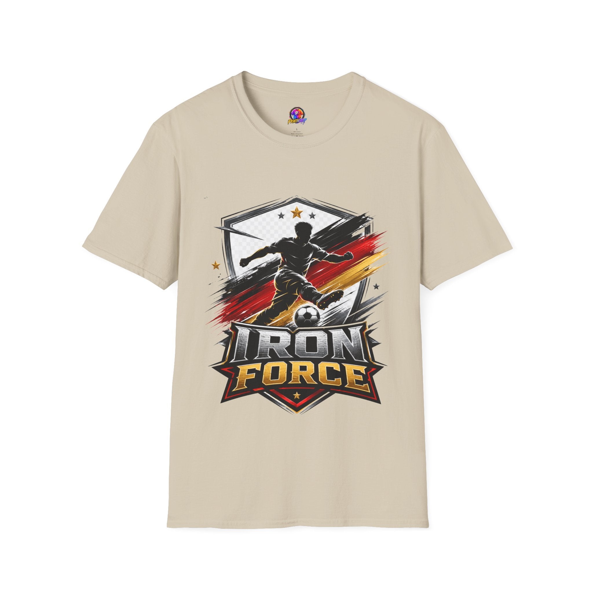 Germany Soccer 'Iron Force' Graphic T-Shirt — Player Silhouette with Red & Gold Brushstroke Emblem