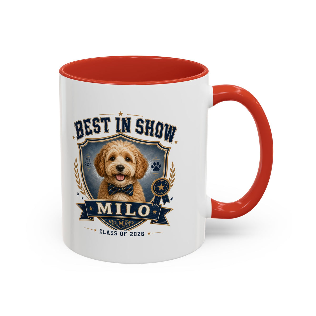 Milo Bailey Dog Dad Mom Best in Show Personalized Dog Coffee Mug — 'Milo' Class of 2026 Accent Mug