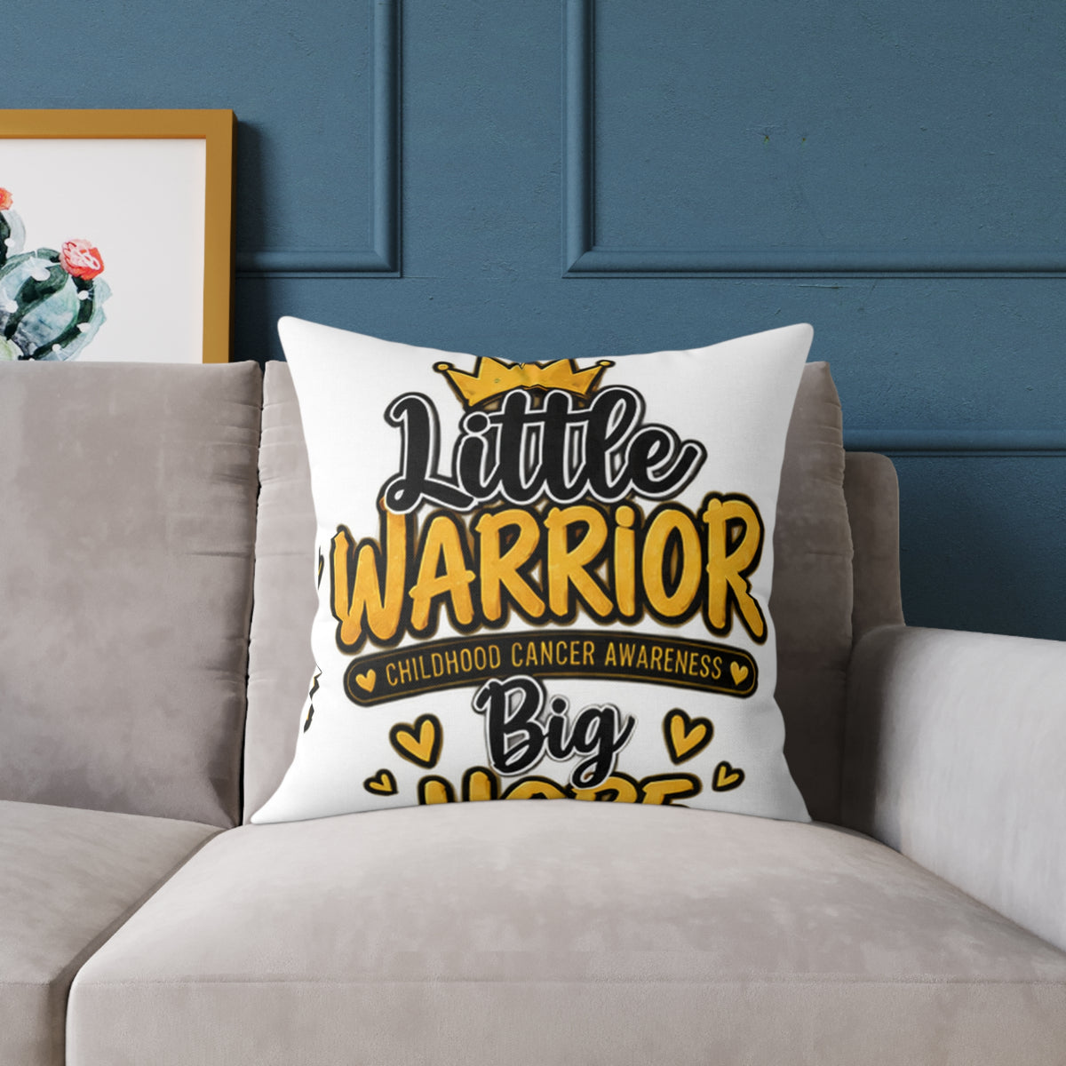 Little Warrior Childhood Cancer Awareness Pillow — Square Poly Canvas Throw Pillow