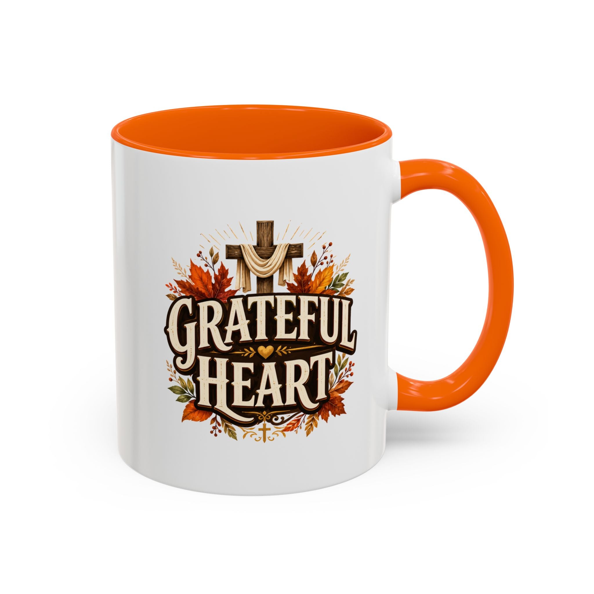 Thanksgiving Mug Grateful Heart Accent Coffee Mug – Autumn Leaves & Cross Spiritual Thanksgiving Gift