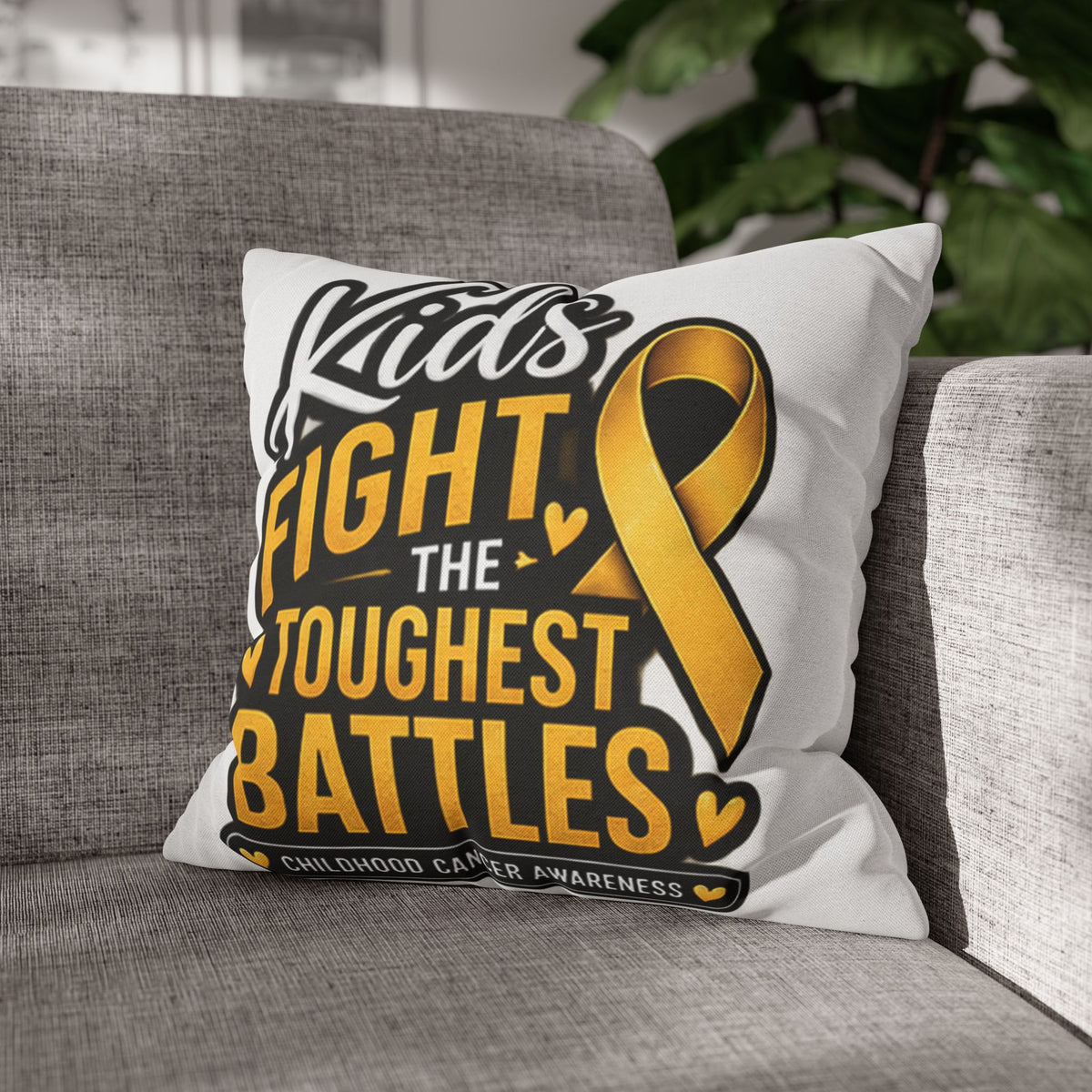 Childhood Cancer Awareness Pillowcase – “Kids Fight the Toughest Battles” Gold Ribbon Throw Pillow