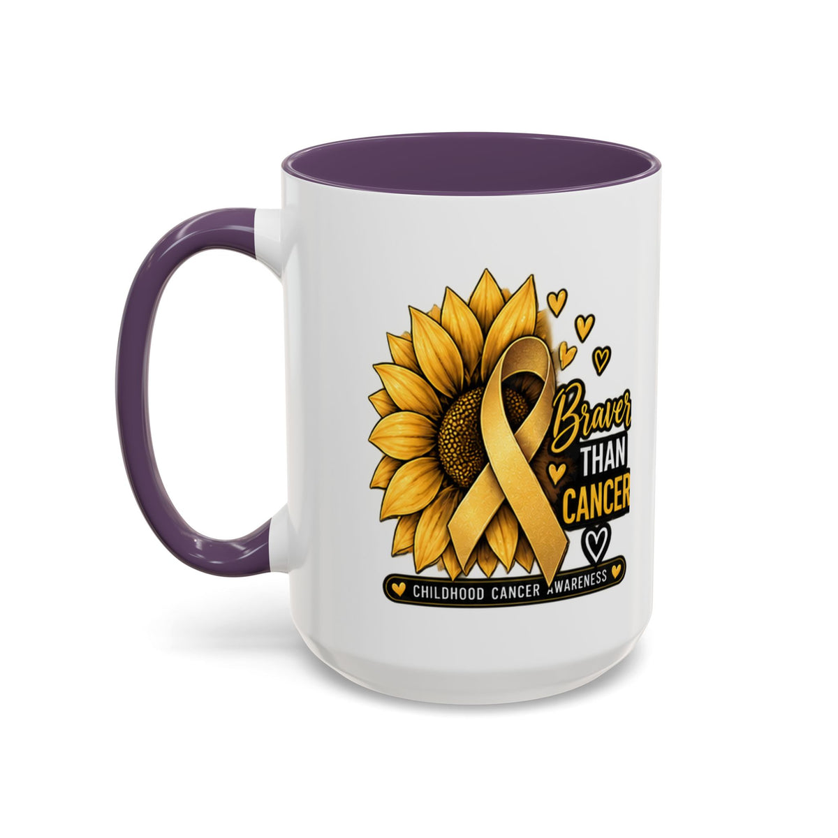 Childhood Cancer Awareness Mug — "Braver Than Cancer" Sunflower & Gold Ribbon
