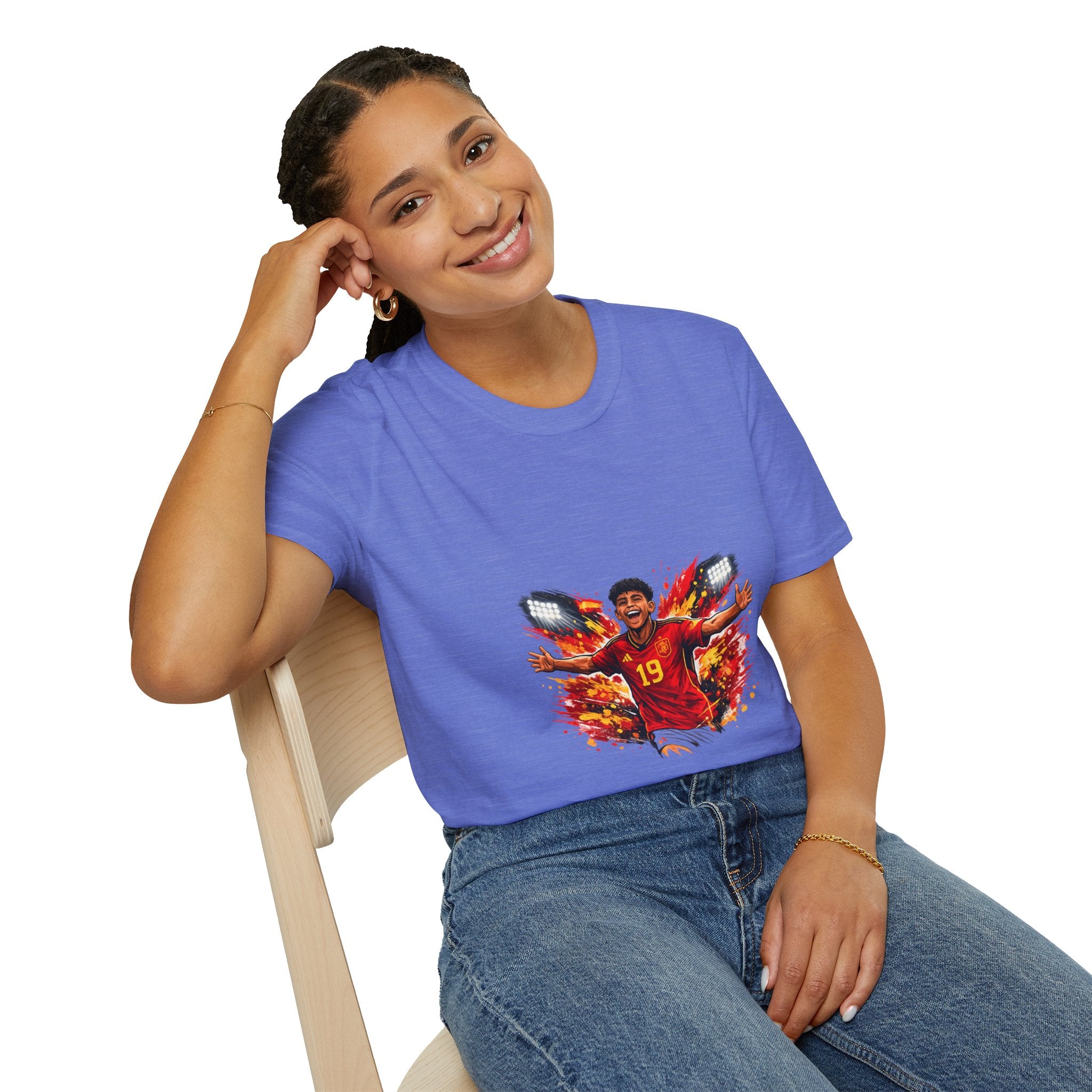 Spain Soccer Fan Portrait T‑Shirt – Fiery Goal Celebration Design