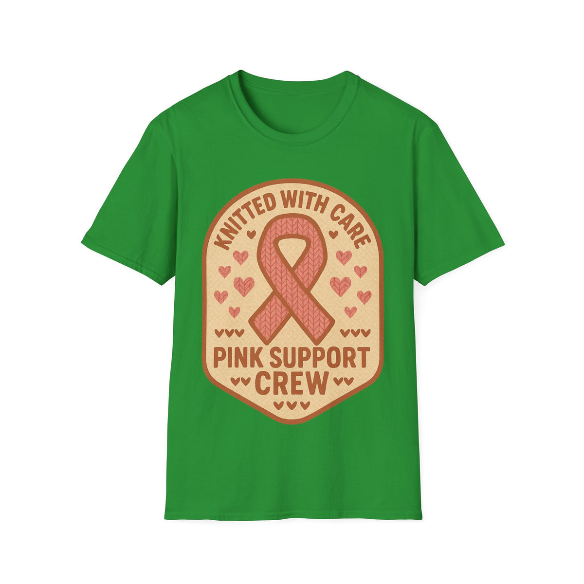 Pink Support Crew Knitted With Care Shield Badge T-Shirt, Breast Cancer Awareness Tee - Trending Now - September 2026