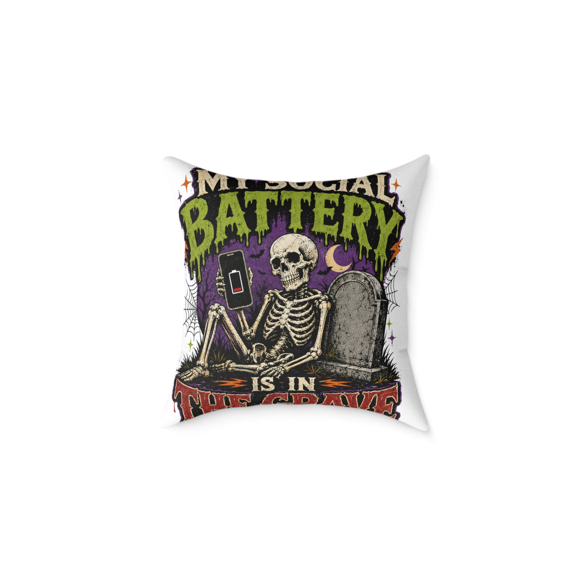 Halloween Skull Pillow — “My Social Battery Is In The Grave” Gothic Decorative Throw Pillow