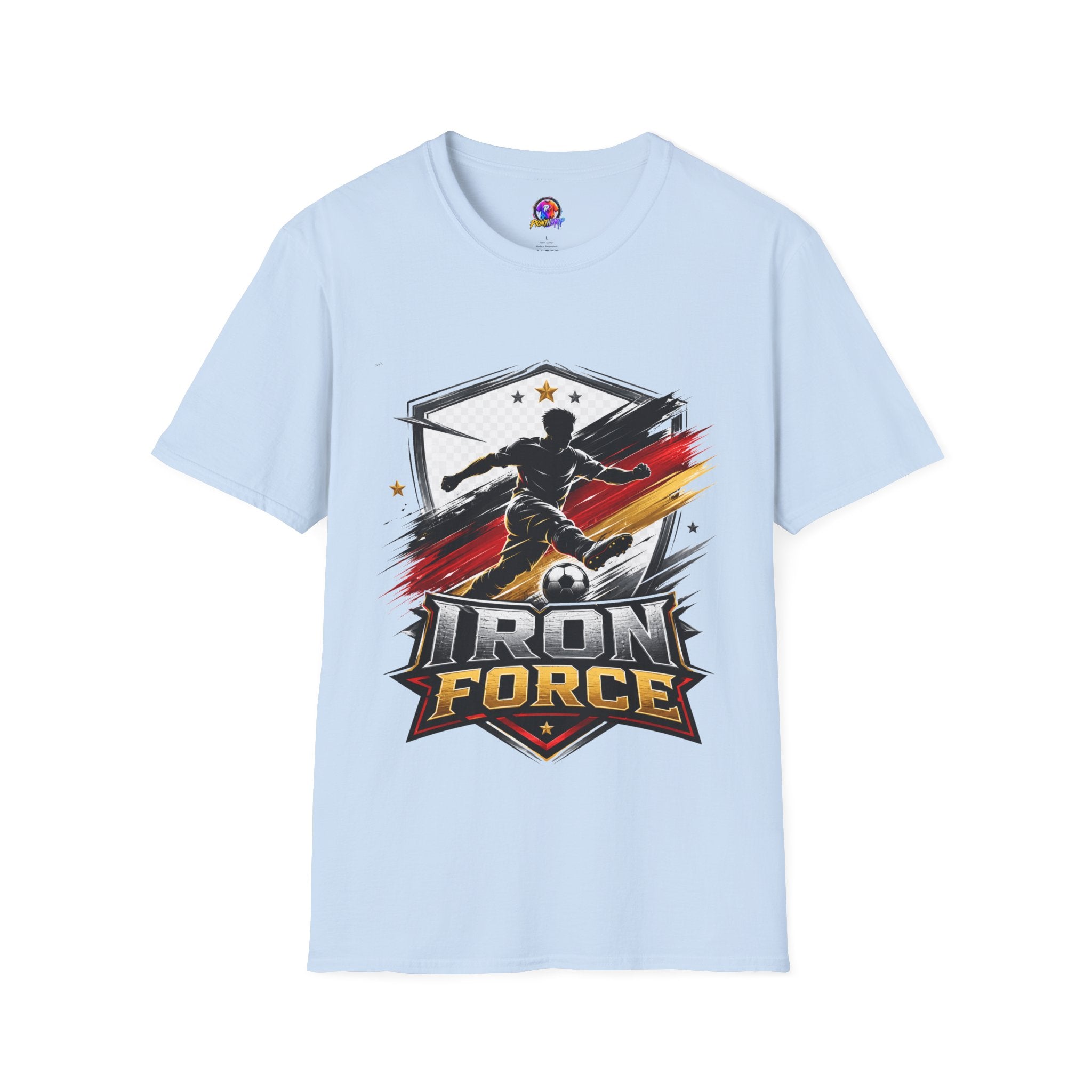 Germany Soccer 'Iron Force' Graphic T-Shirt — Player Silhouette with Red & Gold Brushstroke Emblem