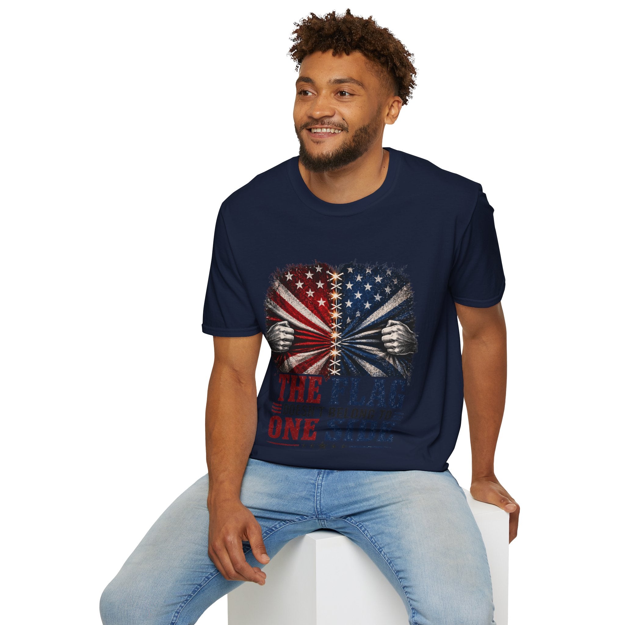 T-Shirt — "The Flag Doesn't Belong to One Side" Distressed American Flag Graphic