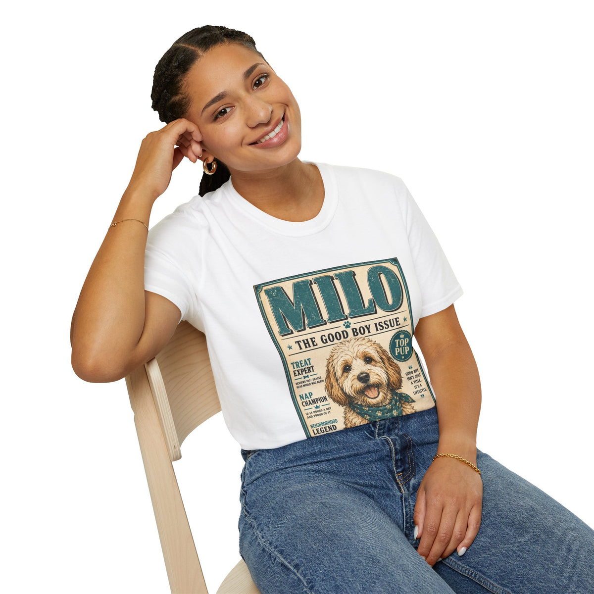 Milo 'The Good Boy Issue' Dog T‑Shirt — Vintage Puppy Magazine Design