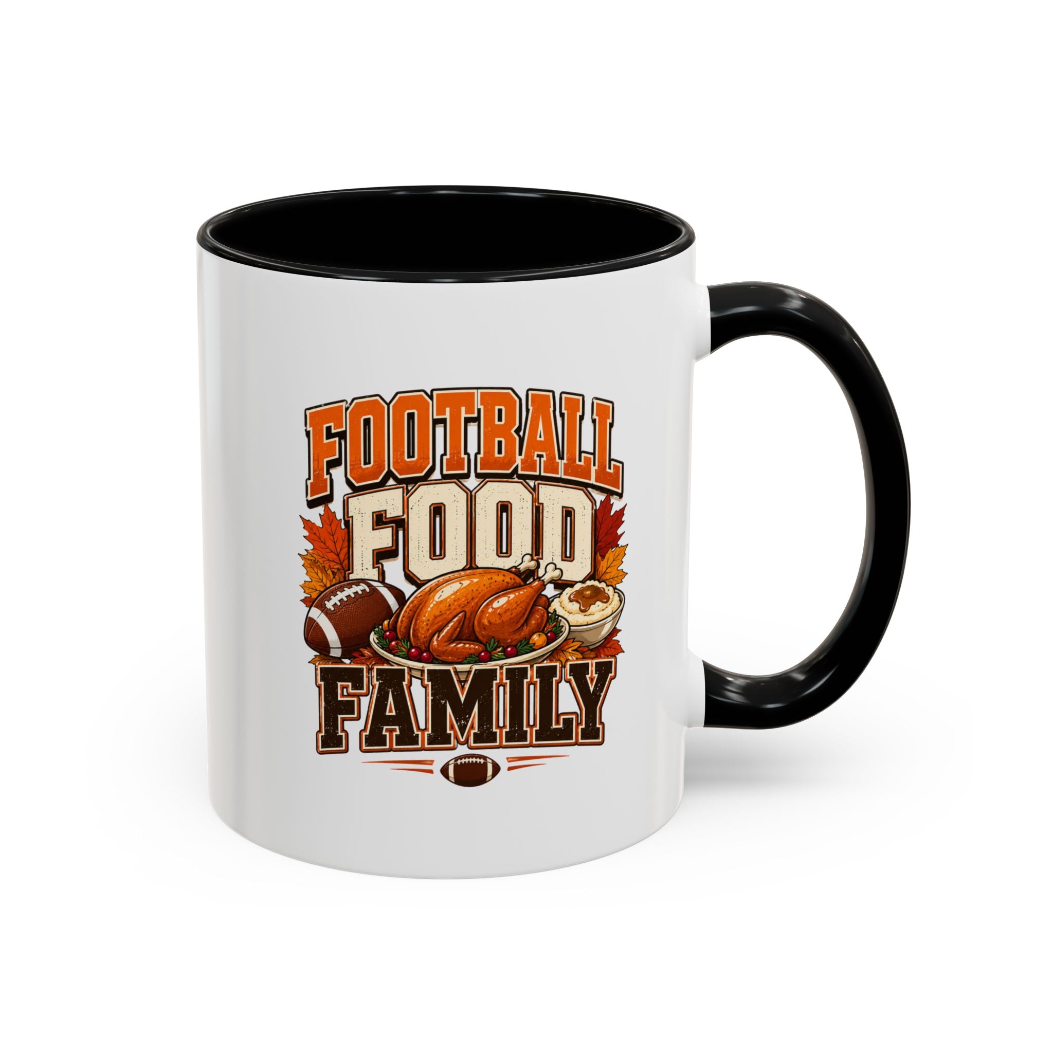 Thanksgiving Mug Football, Food & Family Coffee Mug — Thanksgiving Game Day Accent Mug