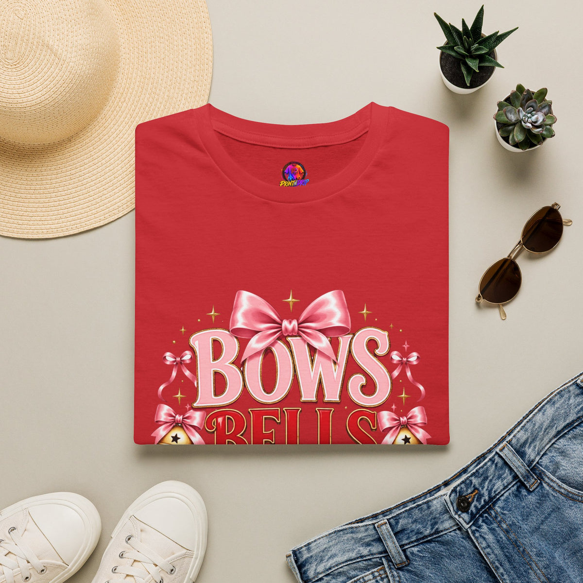 T-Shirt — "Bows Bells Bliss" Pink Holiday Graphic Tee