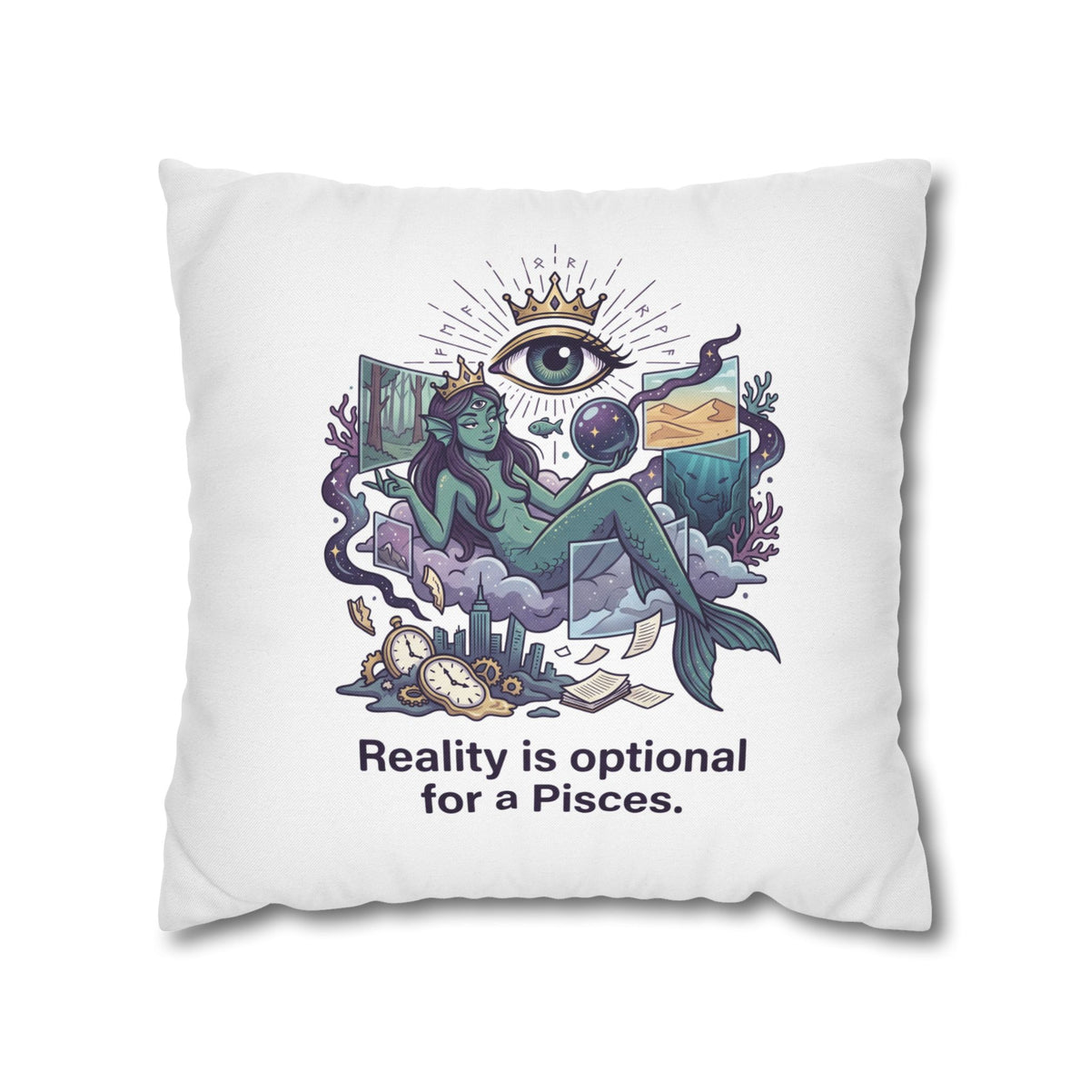 Pisces Mermaid Pillowcase — "Reality Is Optional for a Pisces" Decorative Throw Pillow