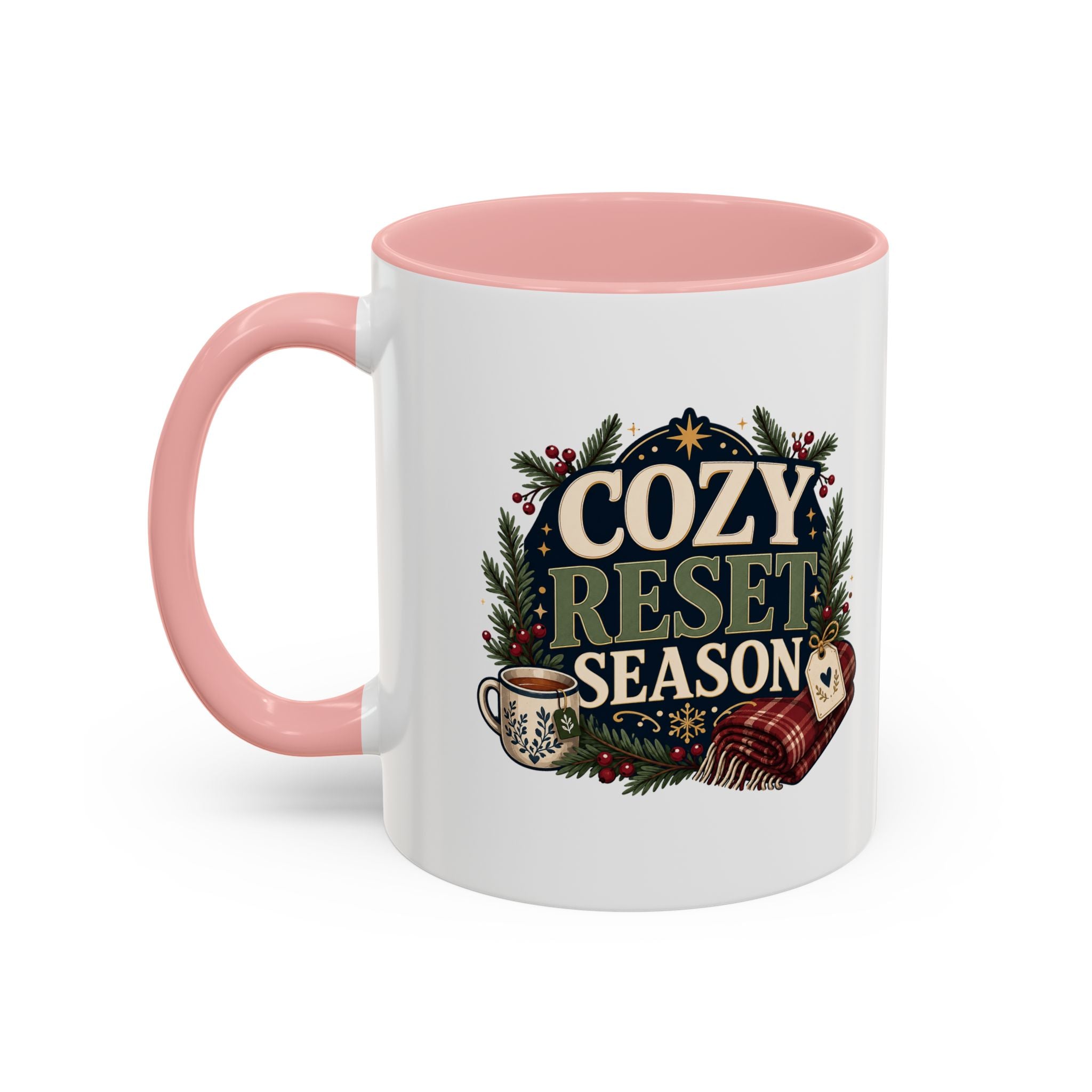 Modern Day Christmas Cozy Reset Season Mug — Holiday Coffee Cup with Blanket & Tea Tag Design