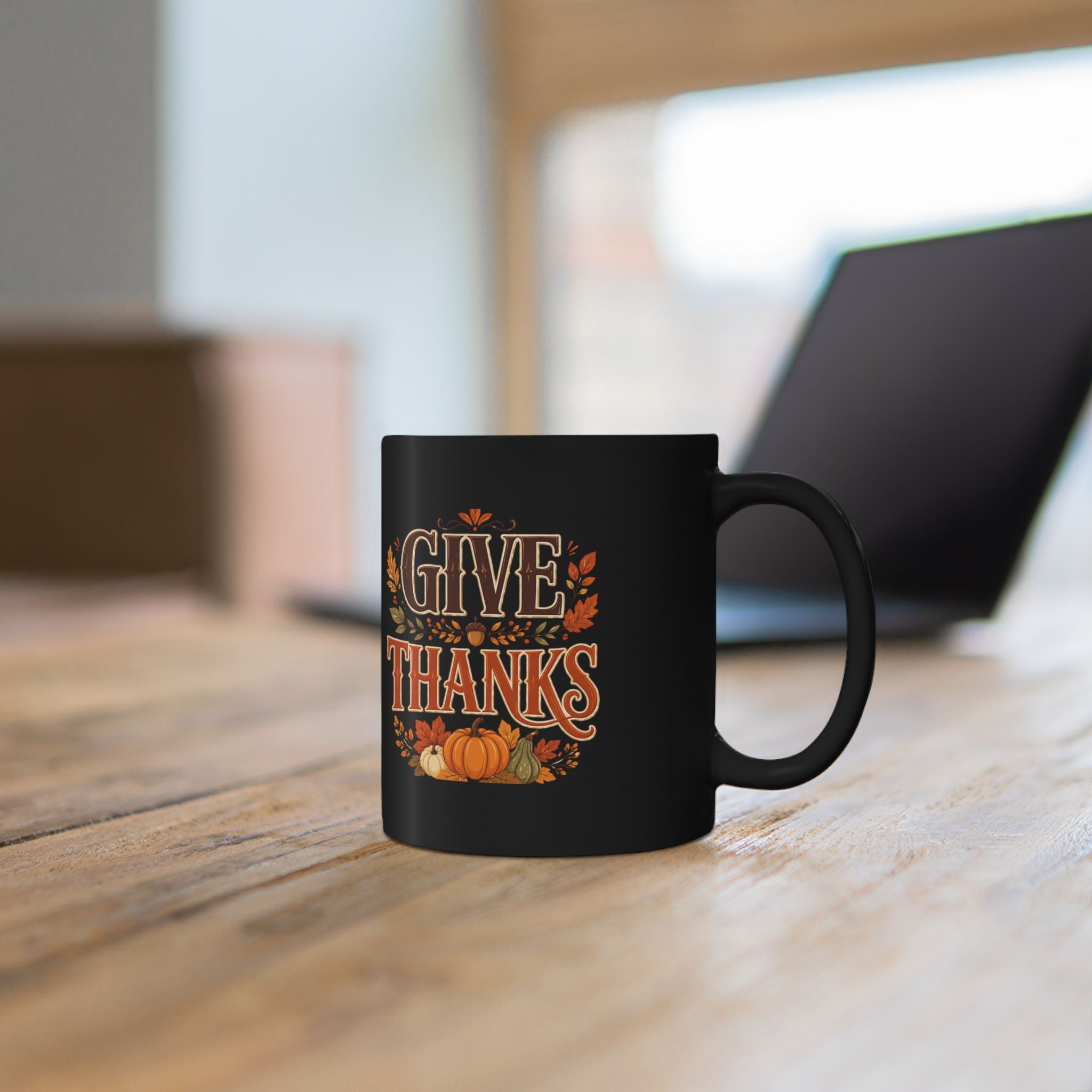 Thanksgiving Black Mug Give Thanks Mug — Thanksgiving Pumpkin & Fall Leaves Coffee Cup