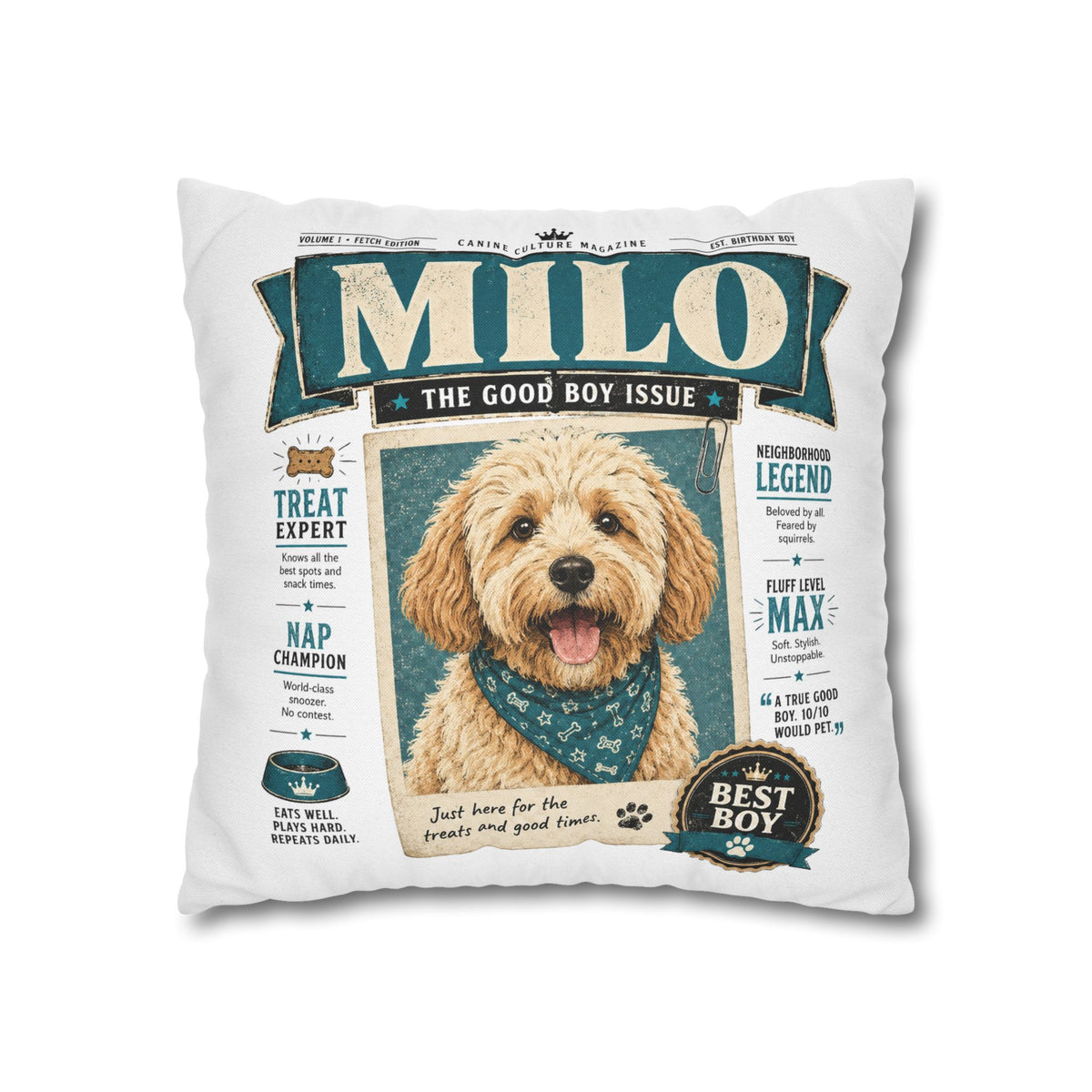 Personalized Dog Pillowcase — "Milo: The Good Boy Issue" Decorative Throw Pillowcase Milo Bailey Dog Dad Mom
