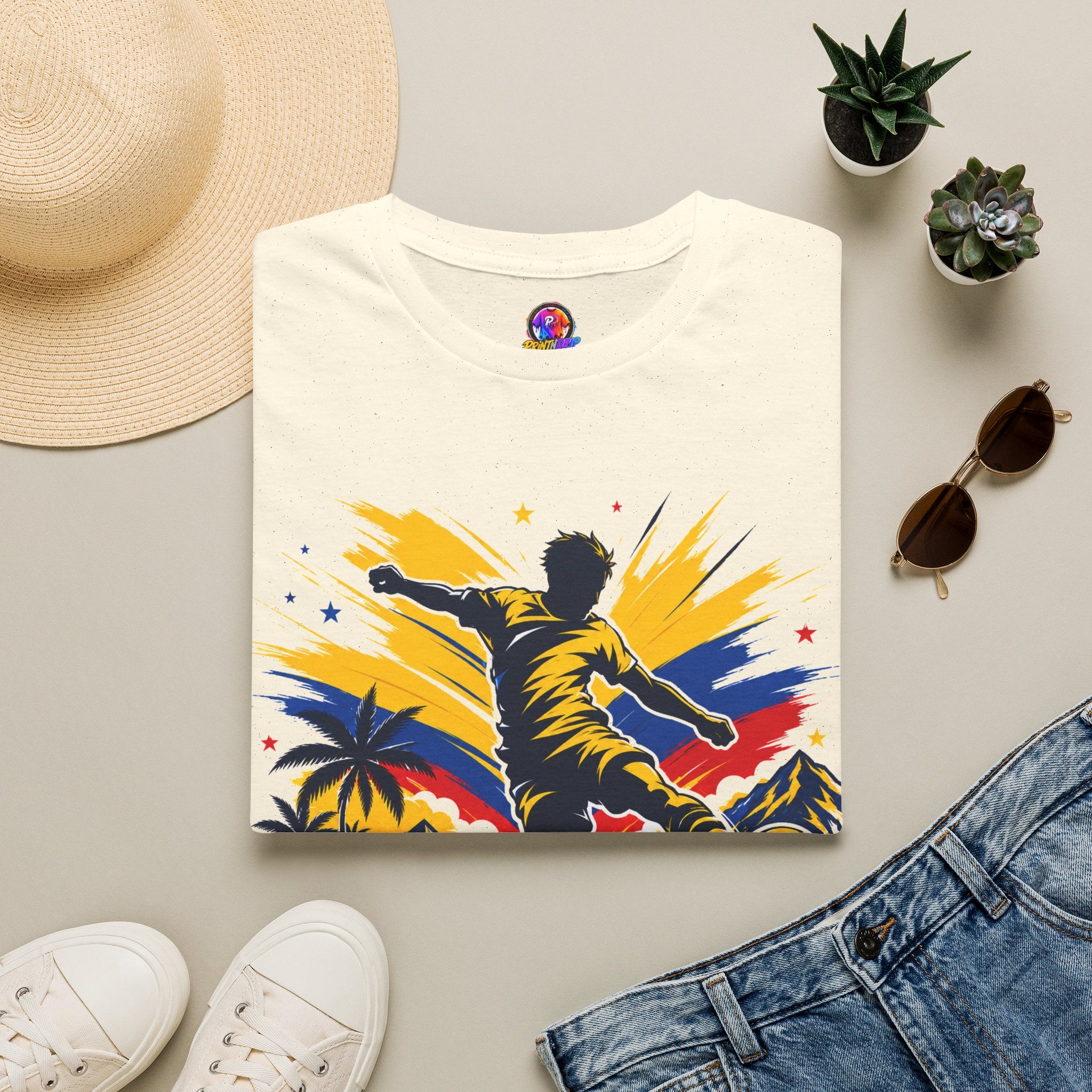 Columbia Soccer Player Graphic T-Shirt — "Golden Rhythm" Vibrant Beach Soccer Tee