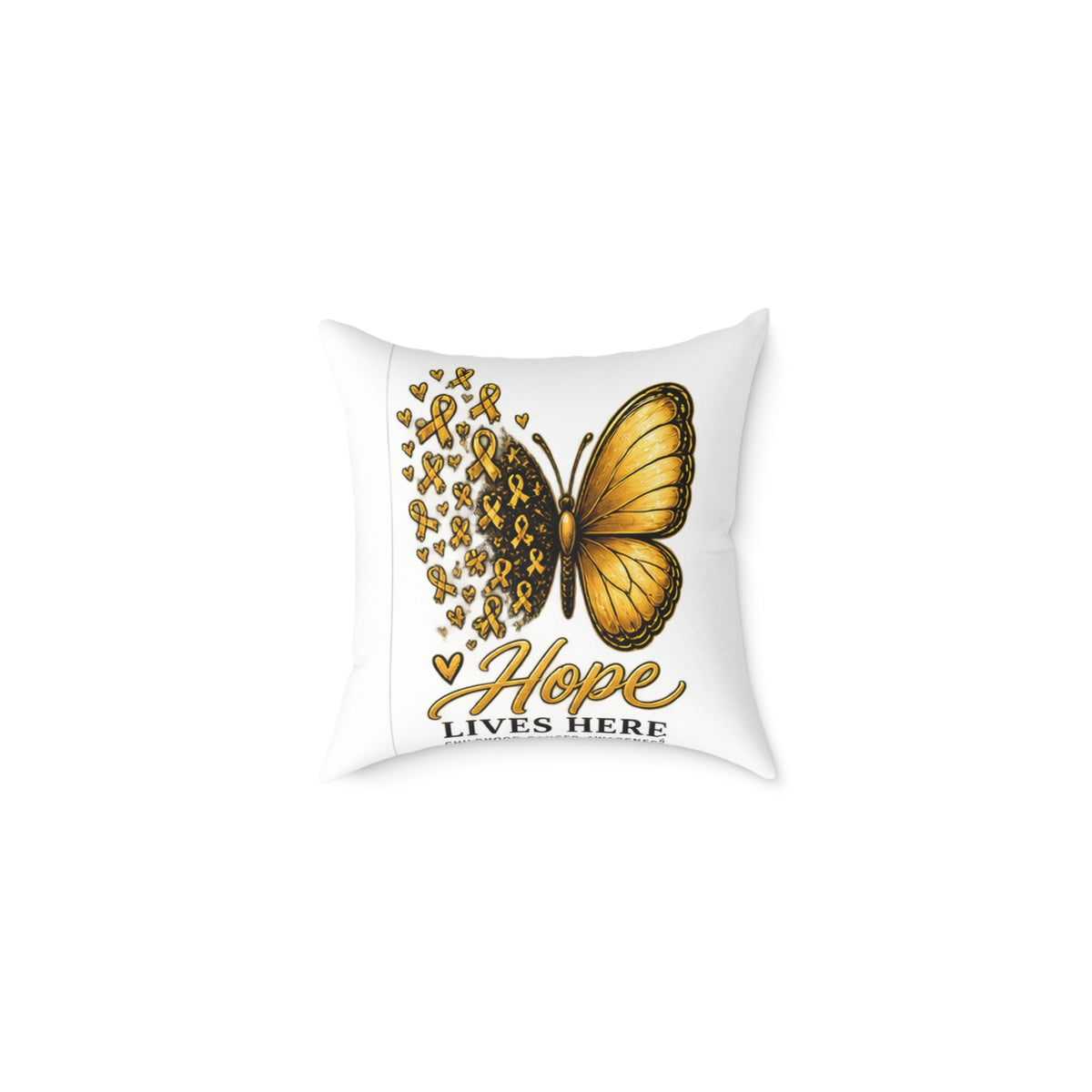 Childhood Cancer Hope Lives Here Butterfly Pillow — Gold Awareness Ribbon Accent