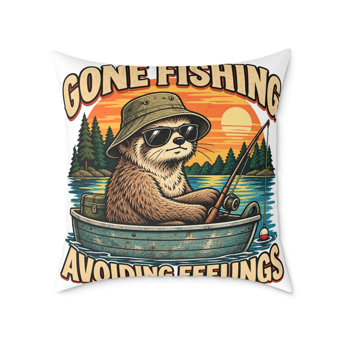 Gone Fishing Pillow —Funny  'Gone Fishing, Avoiding Feelings' Sloth Fishing Decorative Throw Pillow