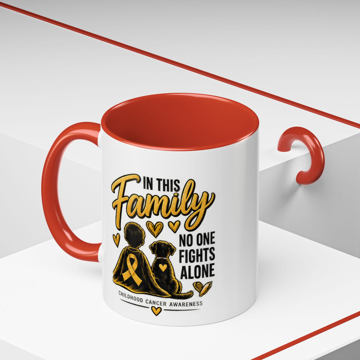 Childhood Cancer Awareness Coffee Mug — "In This Family No One Fights Alone"