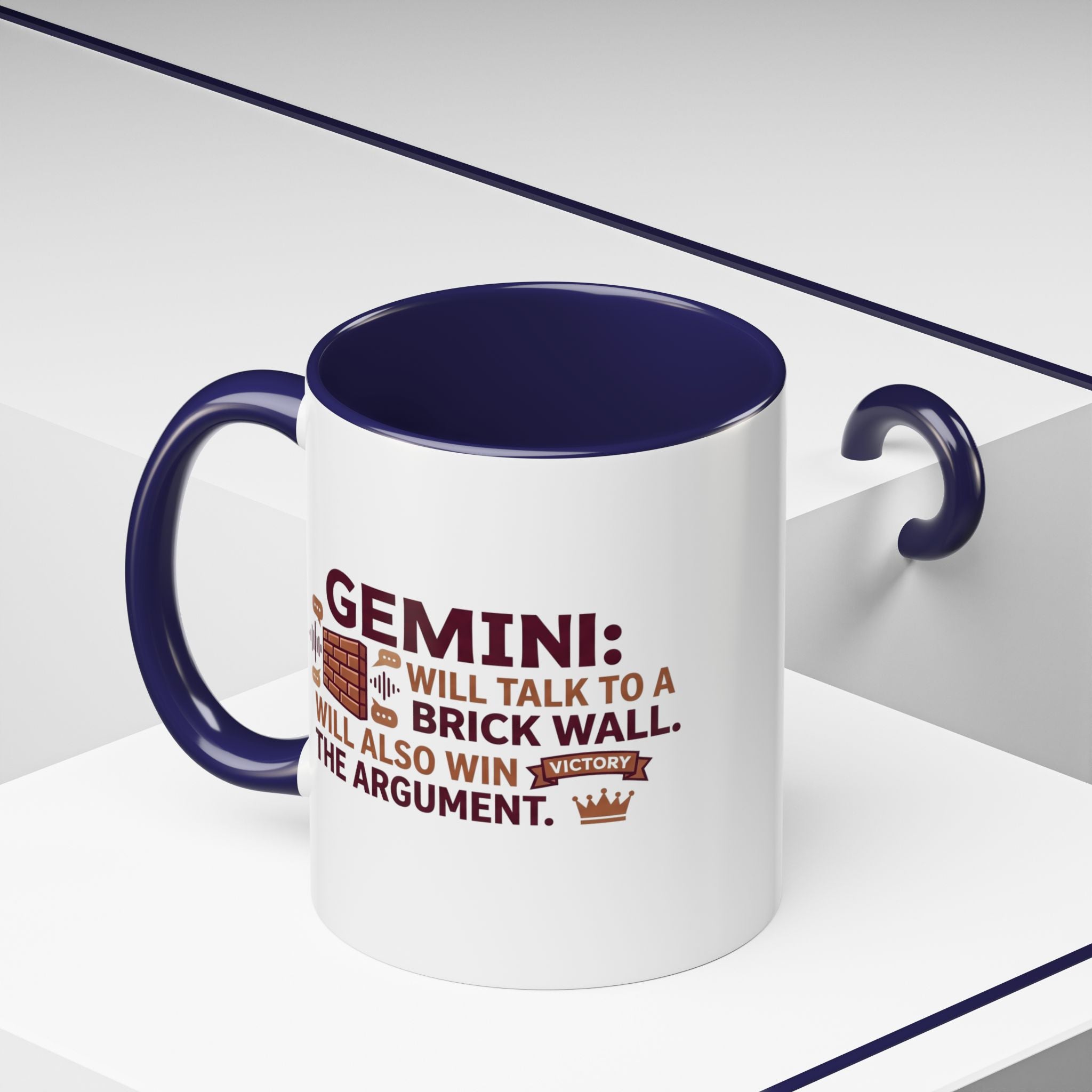 Gemini Coffee Mug — “Gemini: Will Talk to a Brick Wall, Will Also Win the Argument” Accent Mug